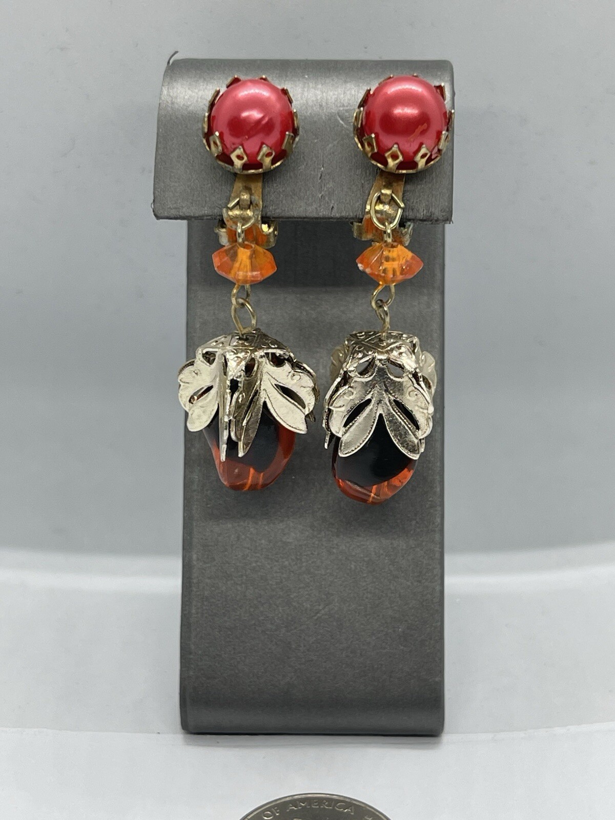 Vintage Mid Century Mod Orange Peach Brown Beads Dangle Clip Earrings Hong Kong