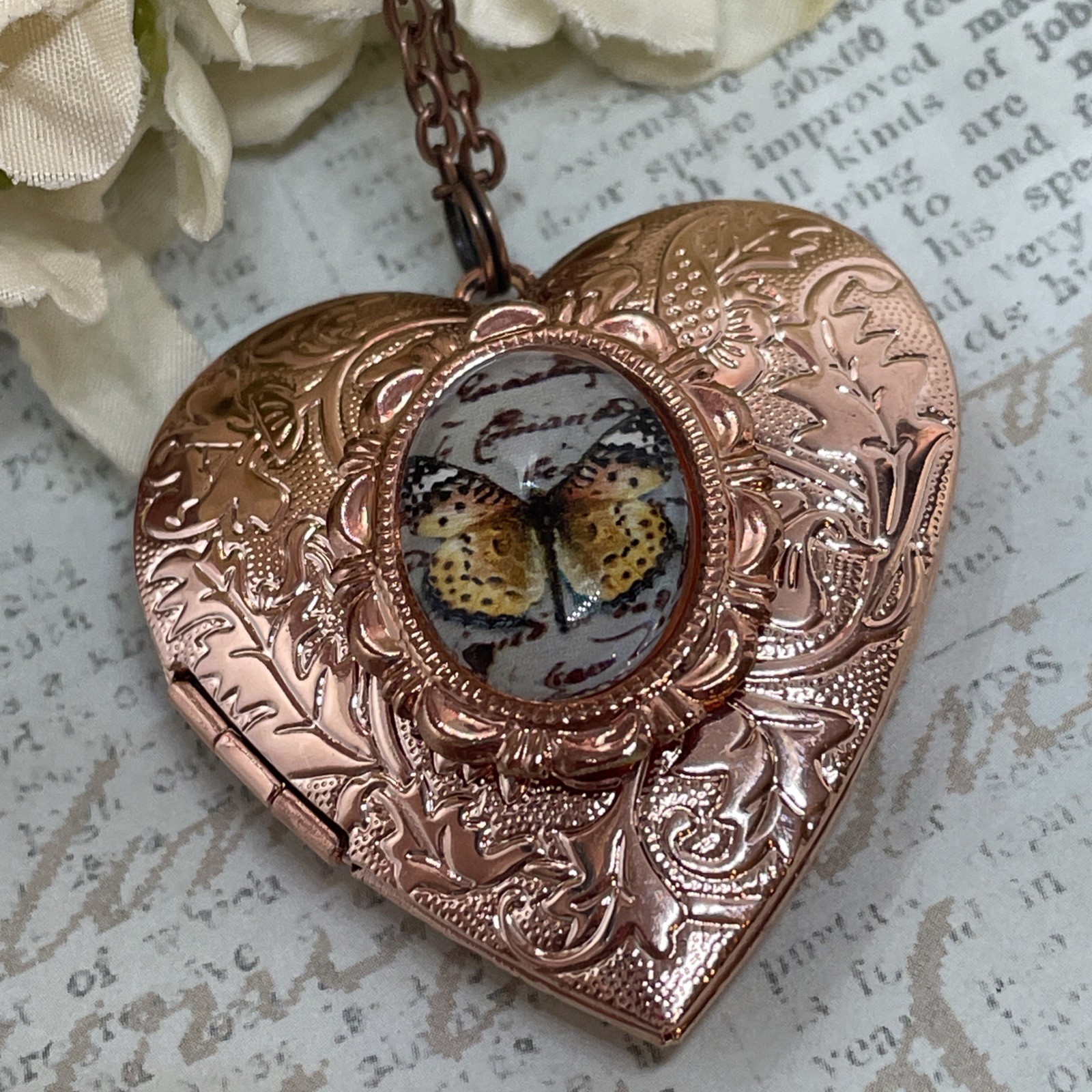 Fancy ROSE Gold Memorial Jewelry Keepsake Photo Locket Necklace Butterfly Urn