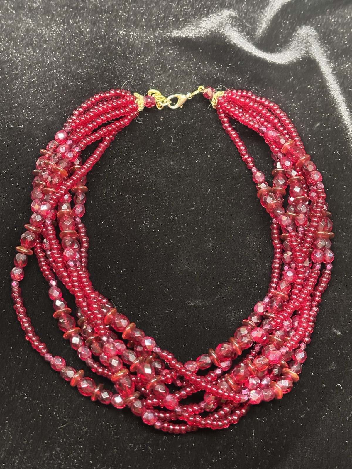 Vintage Lovely Ruby Red Crystal Glass Beads 8 Strand Necklace Adj 16-18 “