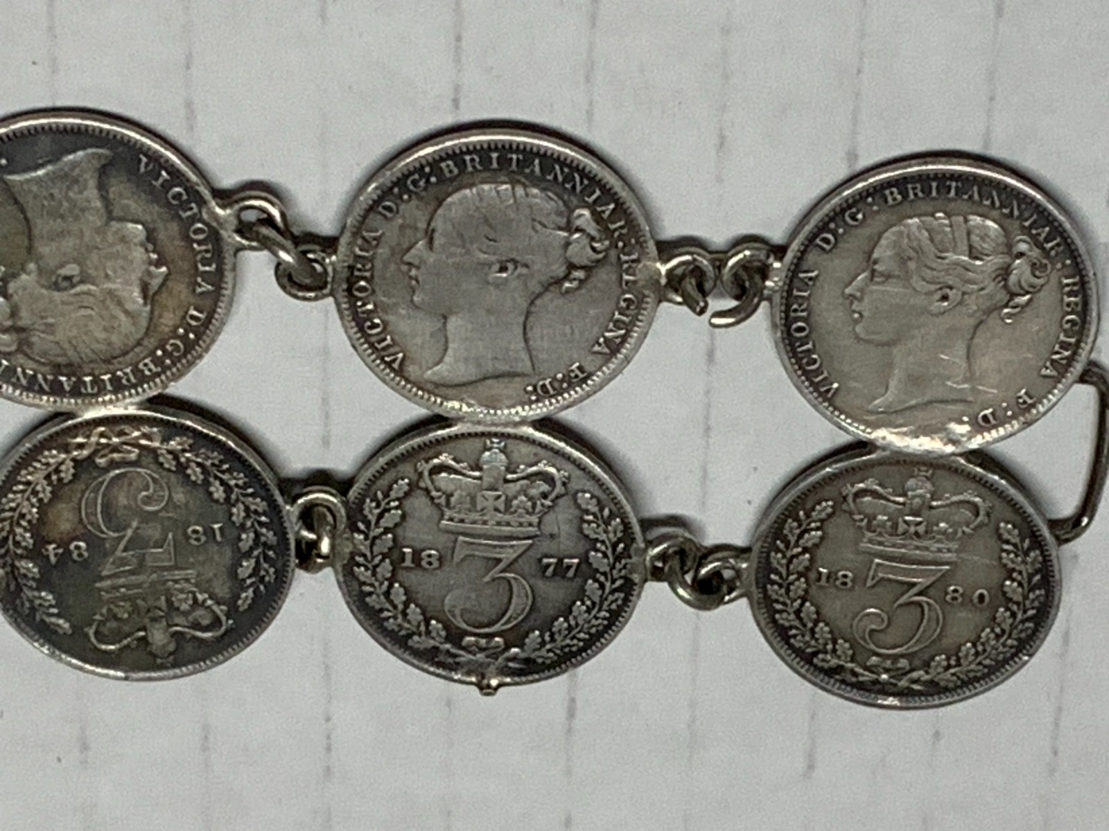 VINTAGE BRITISH COIN LINK BRACELET VICTORIAN ERA, 20-3 PENCE COINS 1873-1884