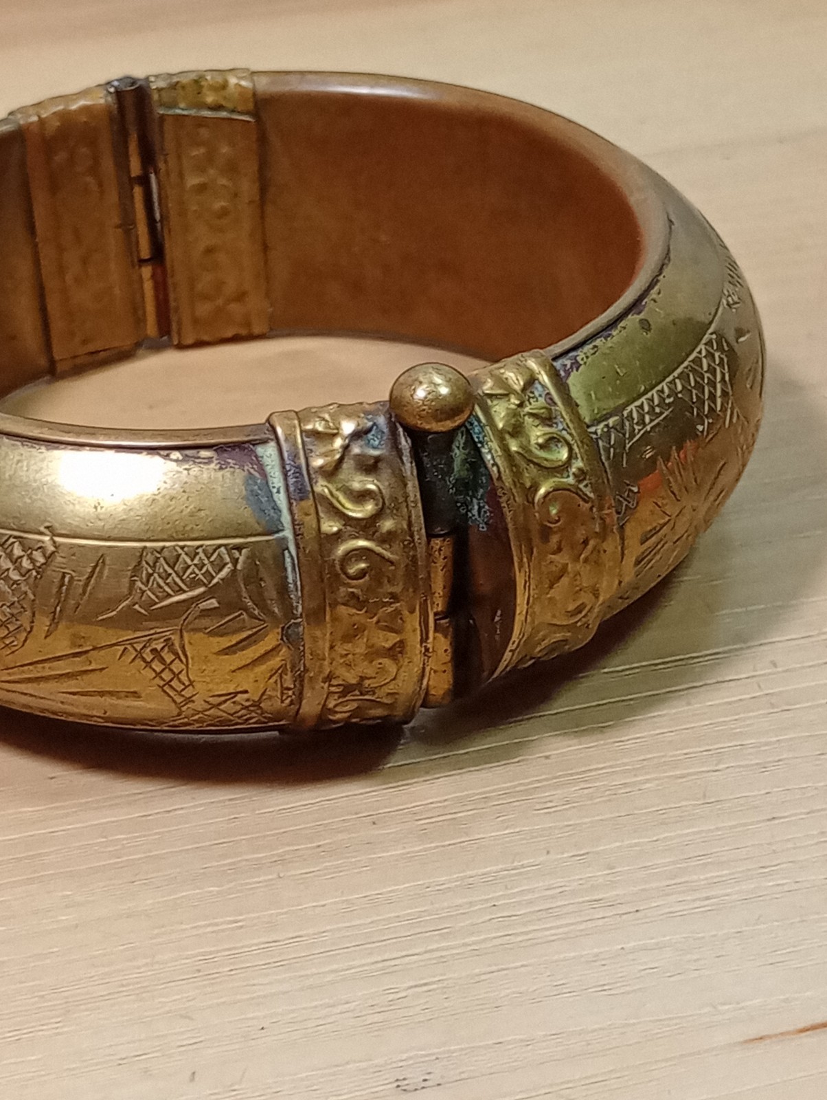 Vintage hinged brass bangle bracelet with etchings/ pin closure Morocco Or India