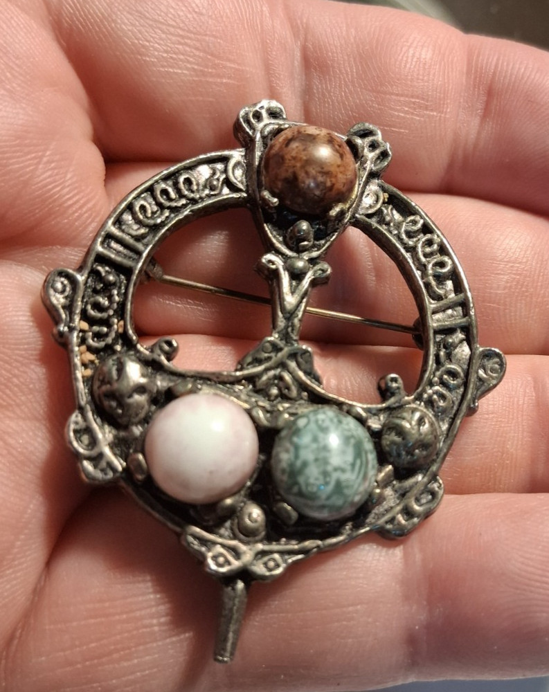 Vintage Celtic Scottish Brooch Metal Glass Stones Green Pink White Brown
