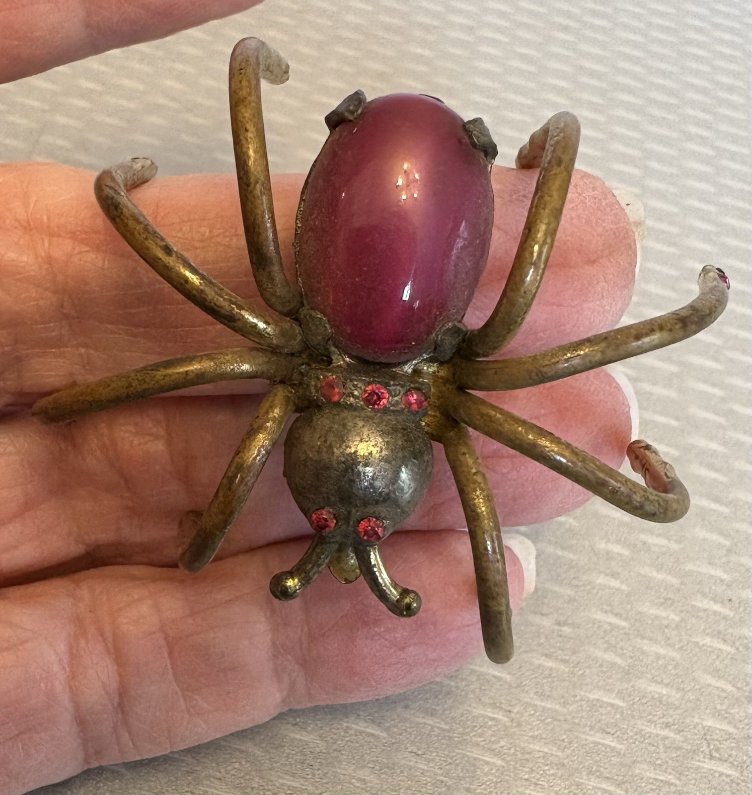 Art Deco Antique Spider Brooch Insect Bug Jewelry Red Plastic Rhinestones READ