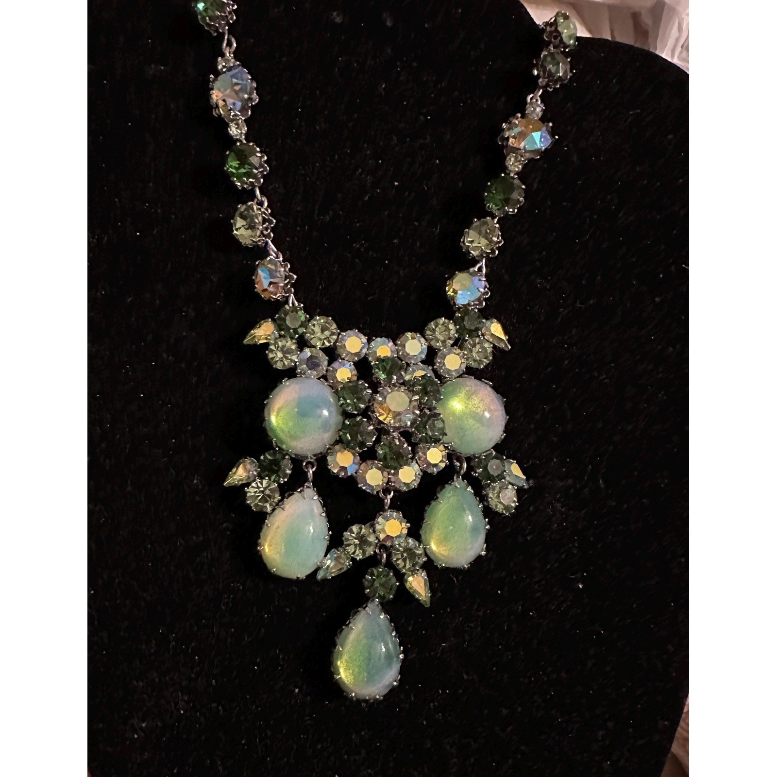 1950’s Austrian Crystal Rhinestone Statement Necklace Green AB Schoffel