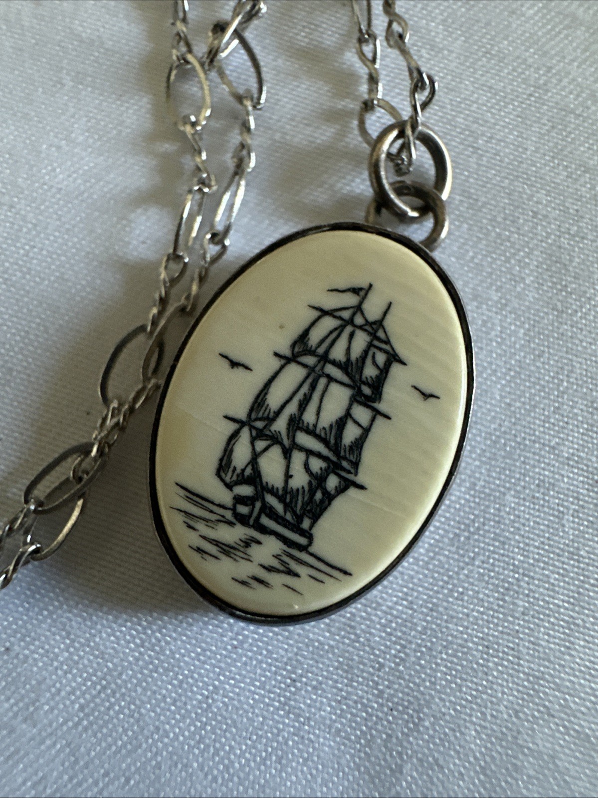vintage Sterling Silver clipper ship pendant With Silver Tone Necklace 22”