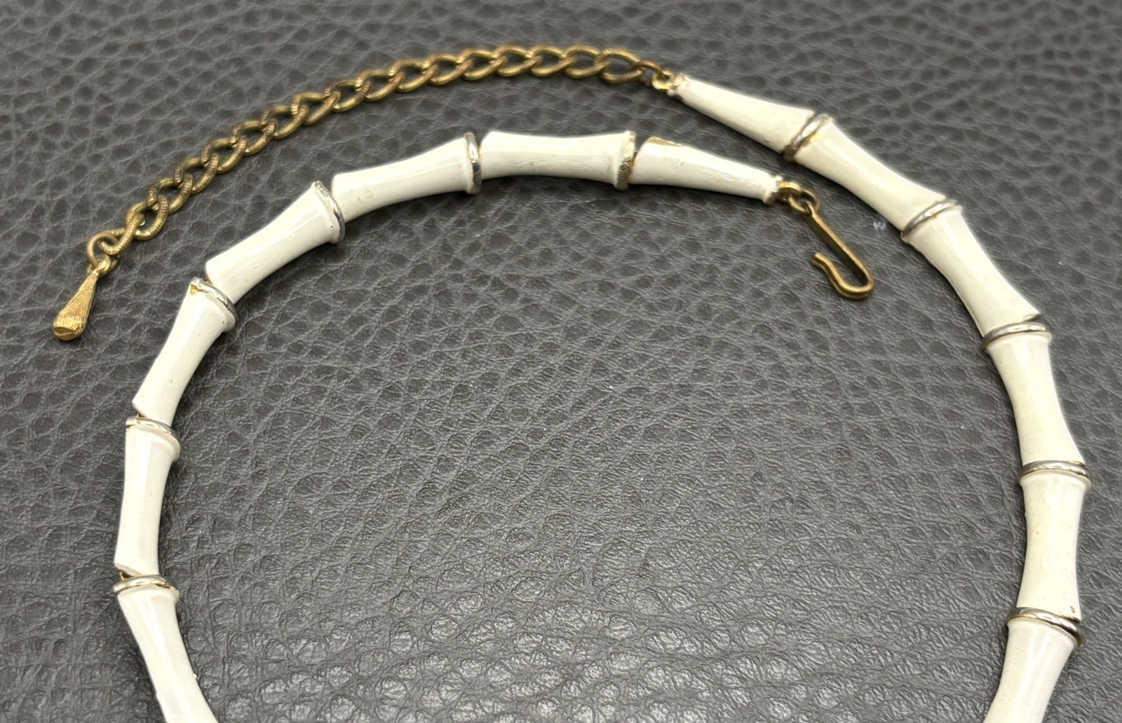 Vintage Unique Chain Tassel Bamboo White Enamel Fringe Drop Estate Necklace