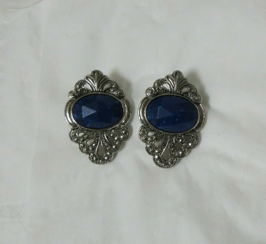 Vintage Silver Tone Faceted Blue with White Dots Faux Marcasite Pierced Earrings
