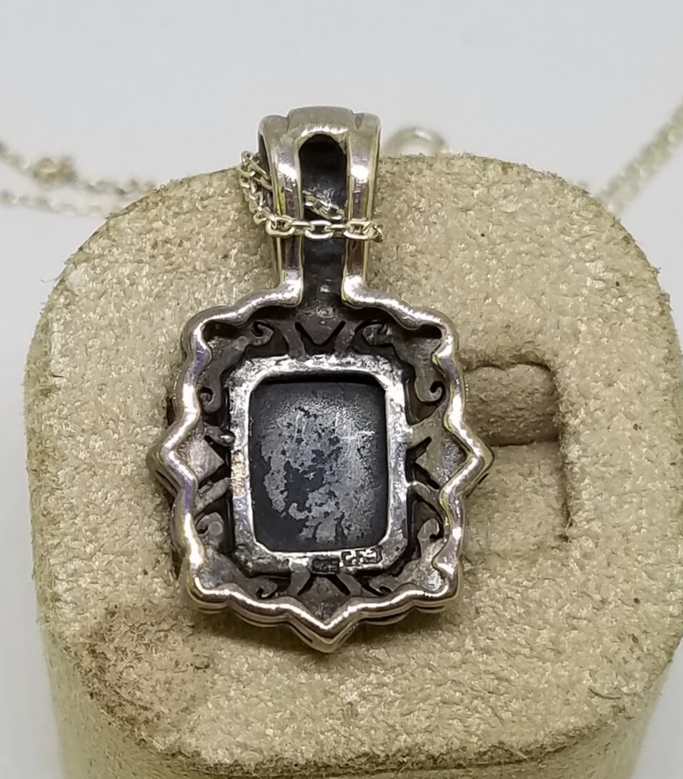 HSN CFJ Sterling Silver Faceted Onyx Marcasite Pendant Necklace ~ 16″