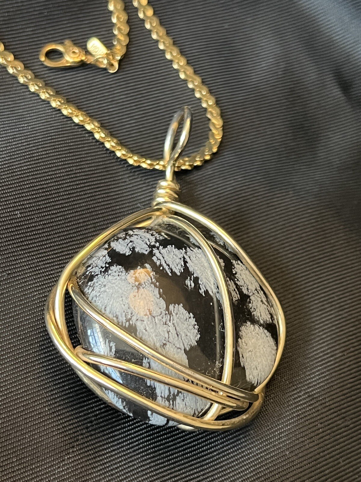 Vintage Polished Snowflake Obsidian Pendant Necklace Wire Wrapped Obsidian Stone