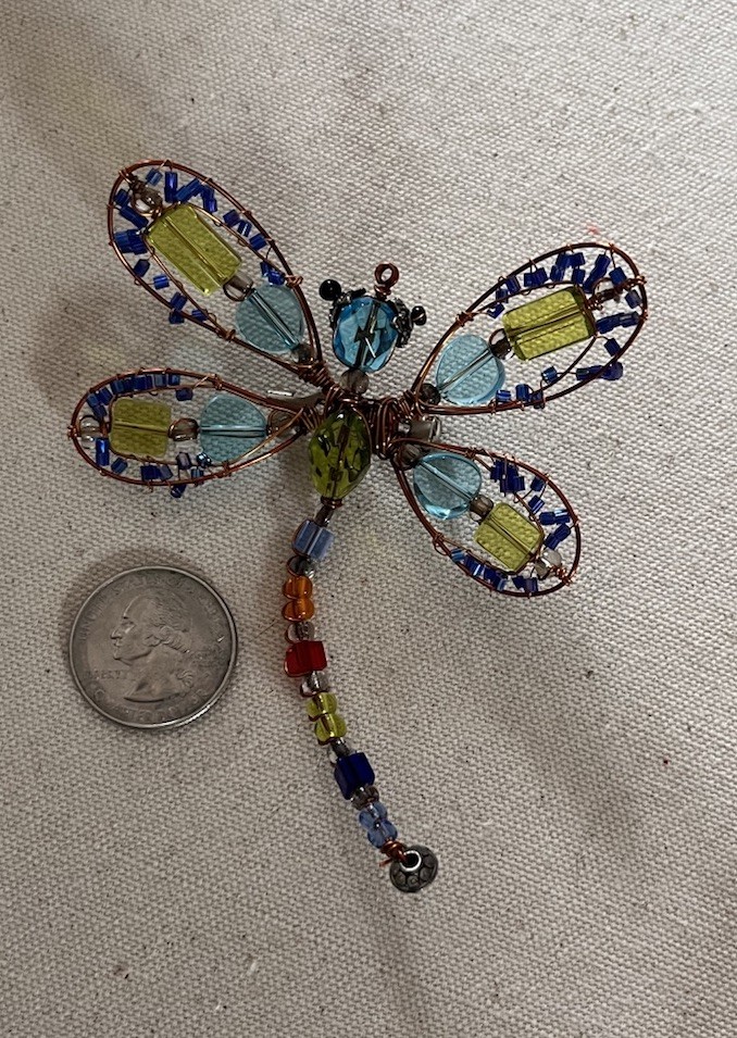 Vintage Handmade Copper Wire Multicolor Glass Beaded Dragonfly Large 4” Brooch