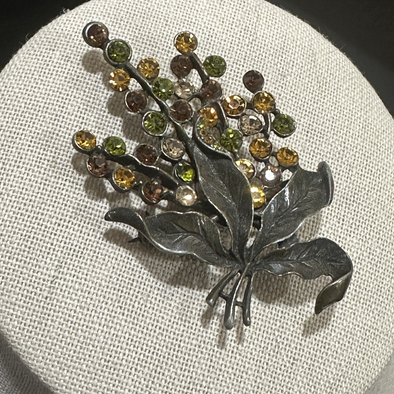 Vintage Rhinestone Leaf Spray Brooch Green Gold Brown Fall Colors Sparkle Autumn