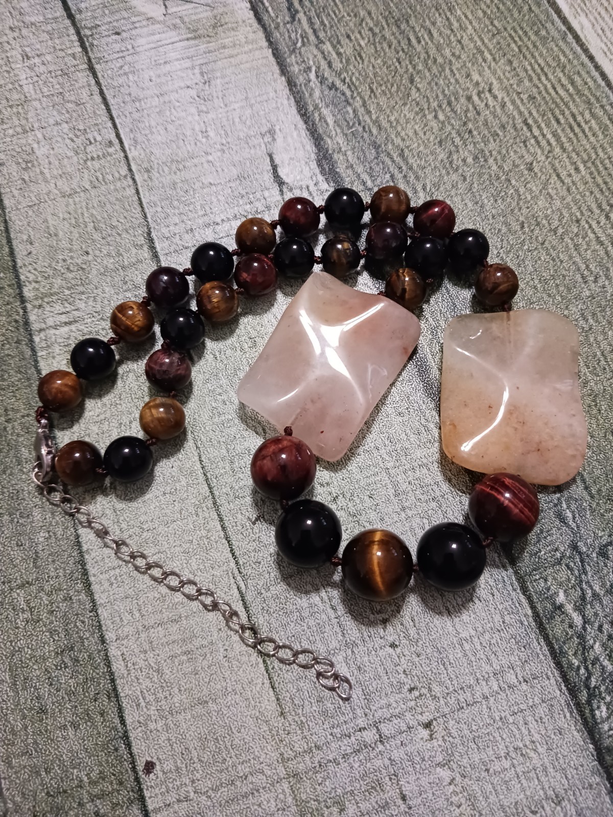 VINTAGE NATURAL YELLOW JADE TIGER’S EYE GEMSTONE NECKLACE 18K WHITE GOLD PLATED