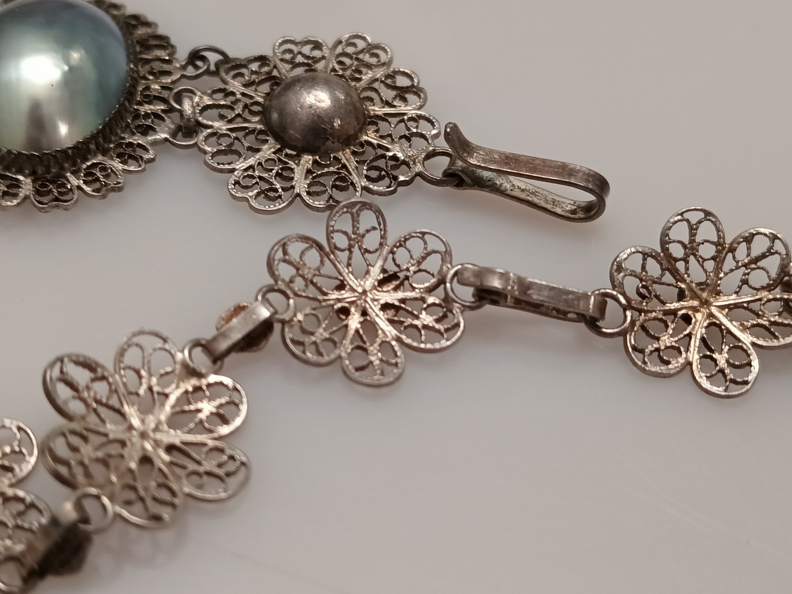 Vintage Antique Silver Filigree Mabe Pearl Necklace Brooch Bracelet Set Lot
