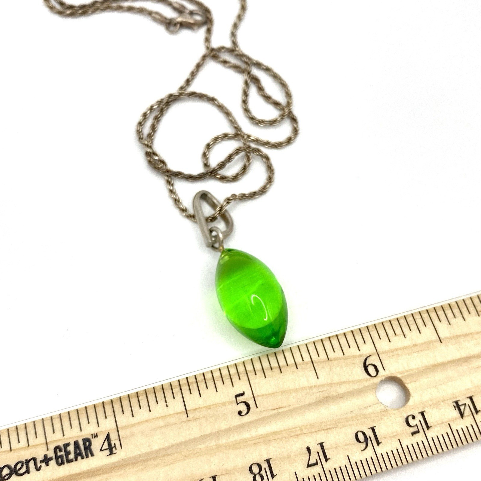 Vtg Sterling Silver 925 Clear Lime Green Lucite Navette Pendant Necklace Deco
