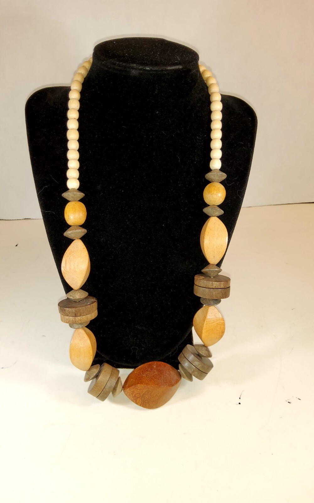 Vtg Wooden Boho Bead Different Shape Chuncky Necklace
