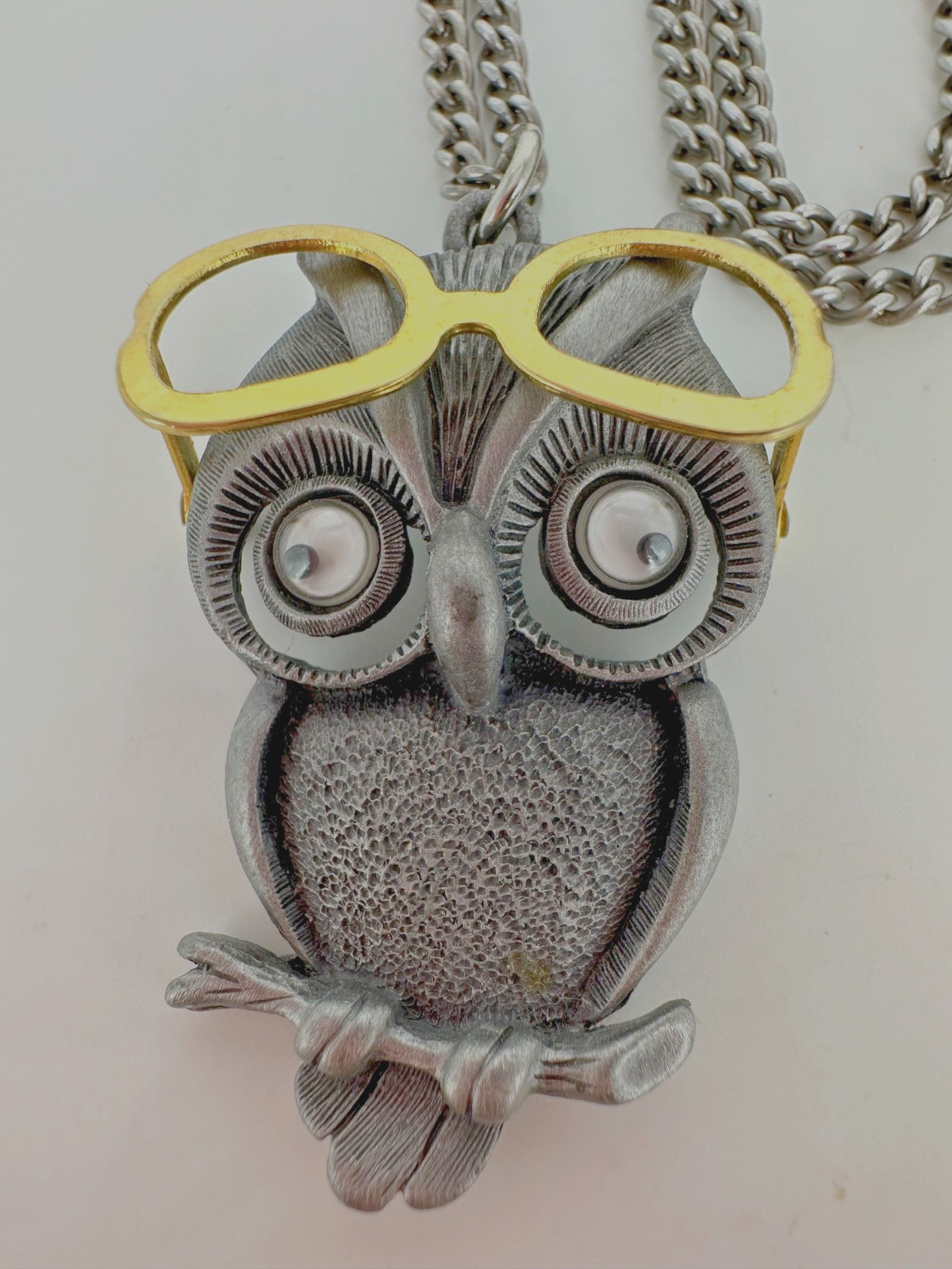 Vintage FAB Pewter Tone Googly Eyed Owl With Movable Eyeglasses Pendant Necklace