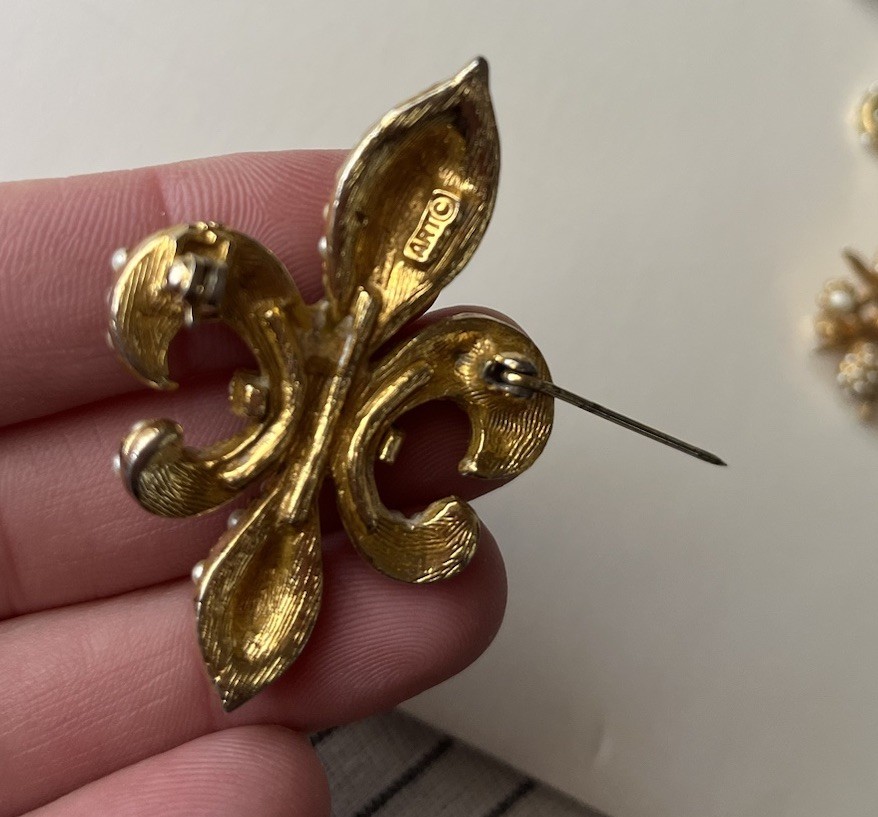 Vintage Seed Pearl Brooch Lot BSK ART TACOA moon fleur de lis Victorian Revival