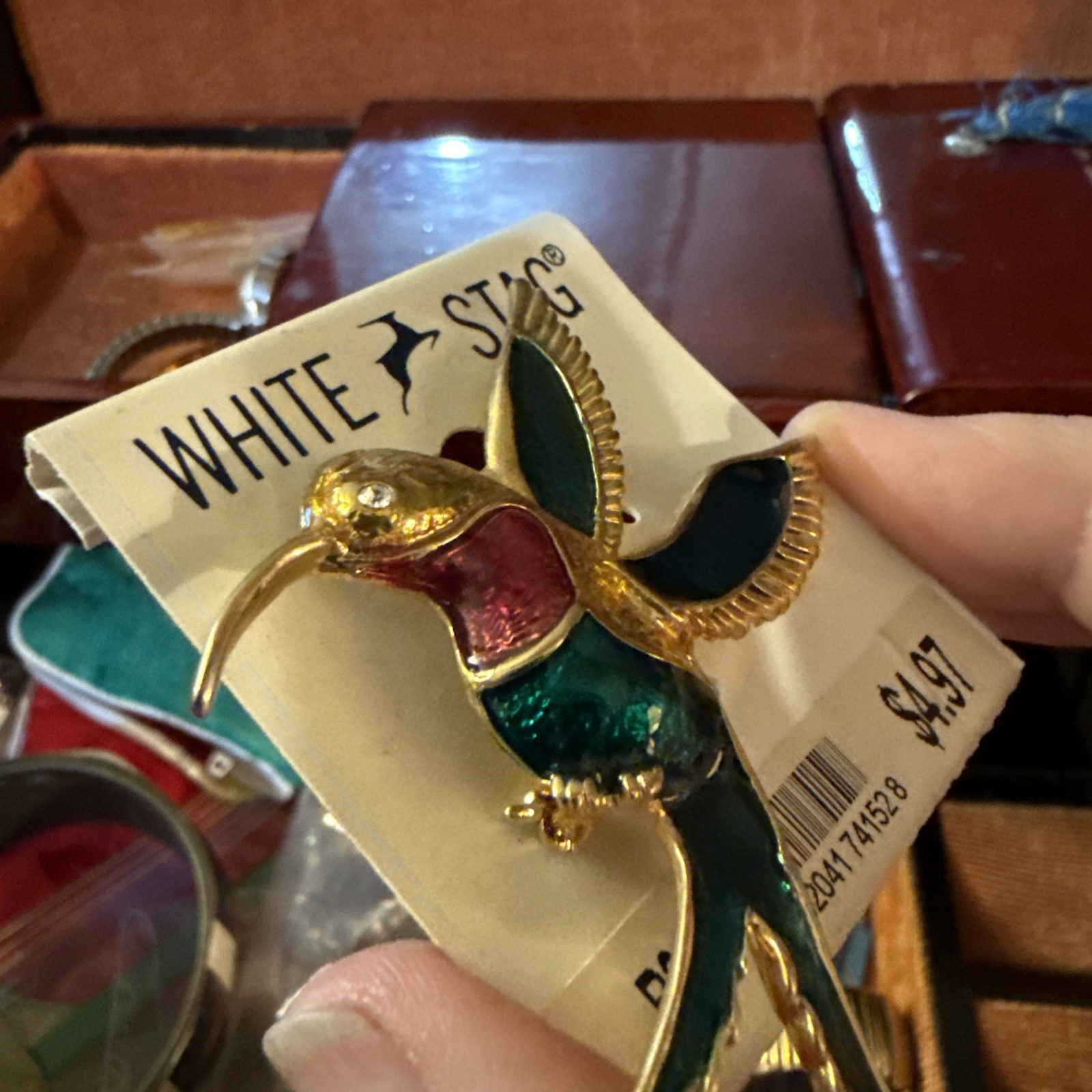 VTG Women’s White Stag Multi Color Enamel Hummingbird Broach Pin Fashion Jewelry