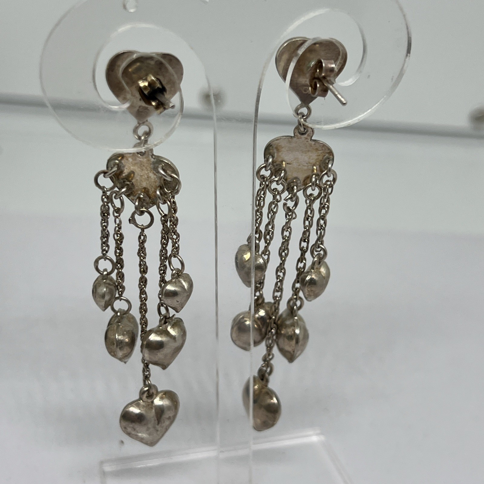 Vintage 925 Sterling Silver Puffy Heart Dangle Chandelier Earrings Signed CW 14