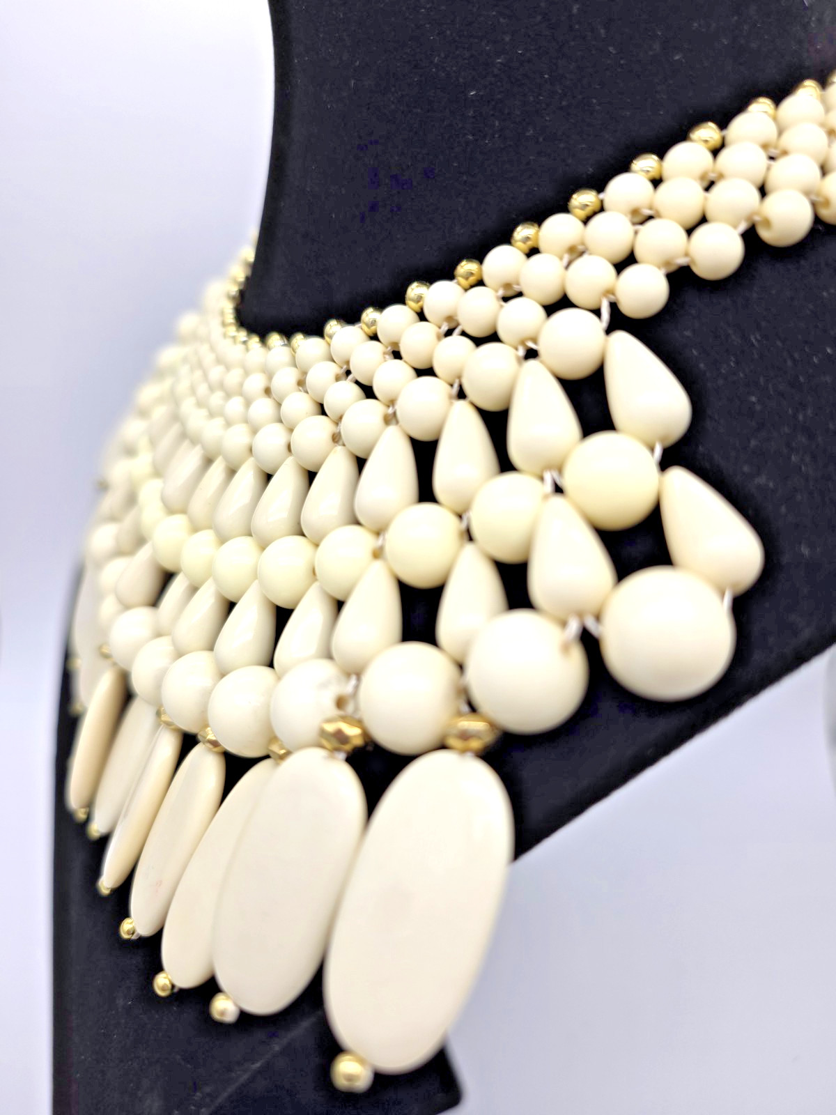 Vintage Style Cream Beaded Statement Bib Necklace | Tiered Choker | Boho Wedding