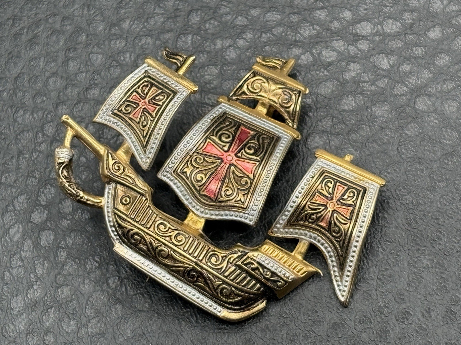 Vintage Spanish Damascene Galleon Ship Cross Brooch Pin Toledo Spain Red Enamel