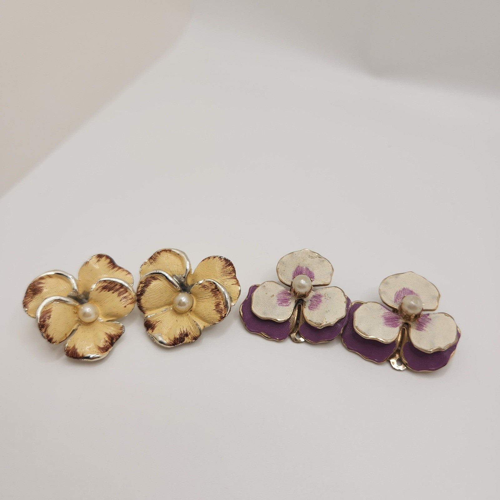 Vintage Enamel Flower Clip On Earrings 2 Pairs Pansy Blossoms Edwardian Style