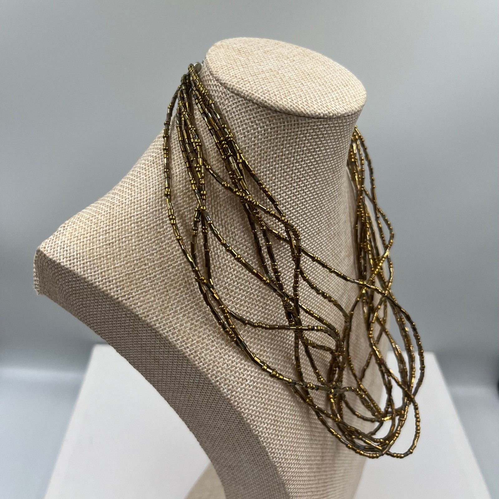 Vintage Gold Tone Multi Strand Seed Beaded Necklace Layered Fringe Statement