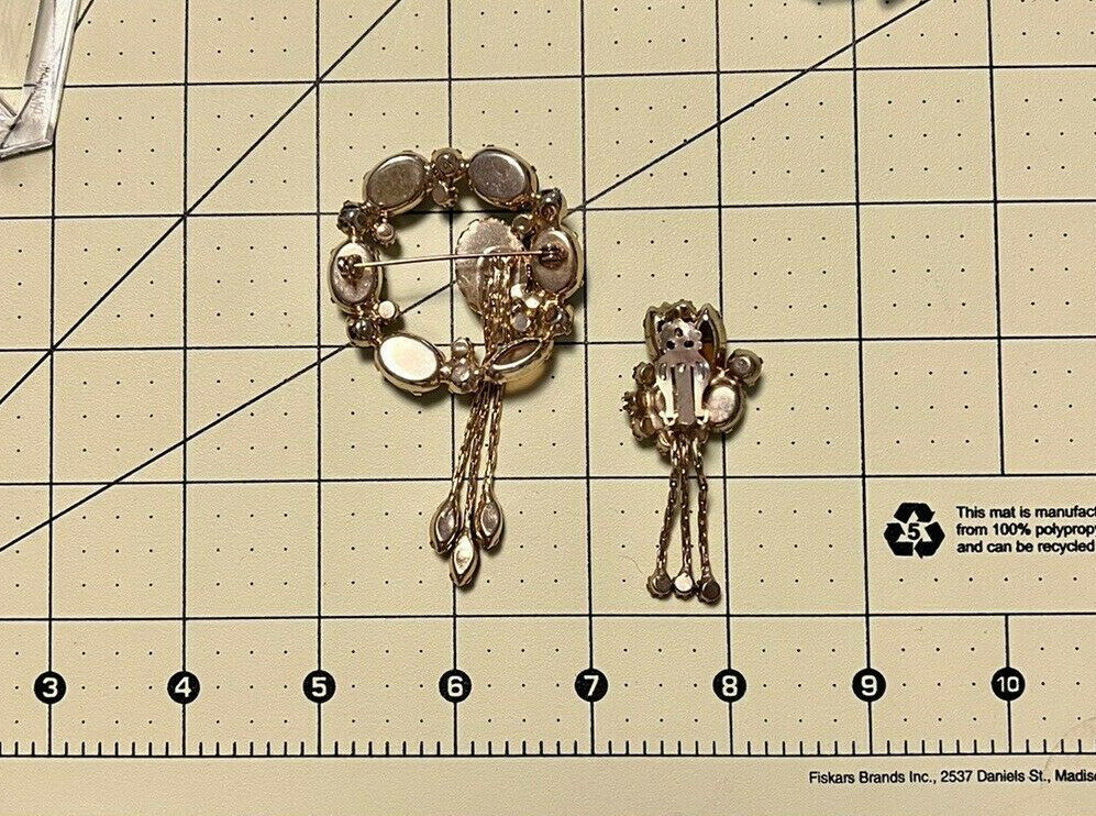 Rare D&E Juliana Hematite Topaz Dangling Chain Rhinestone Drops Brooch Earrings