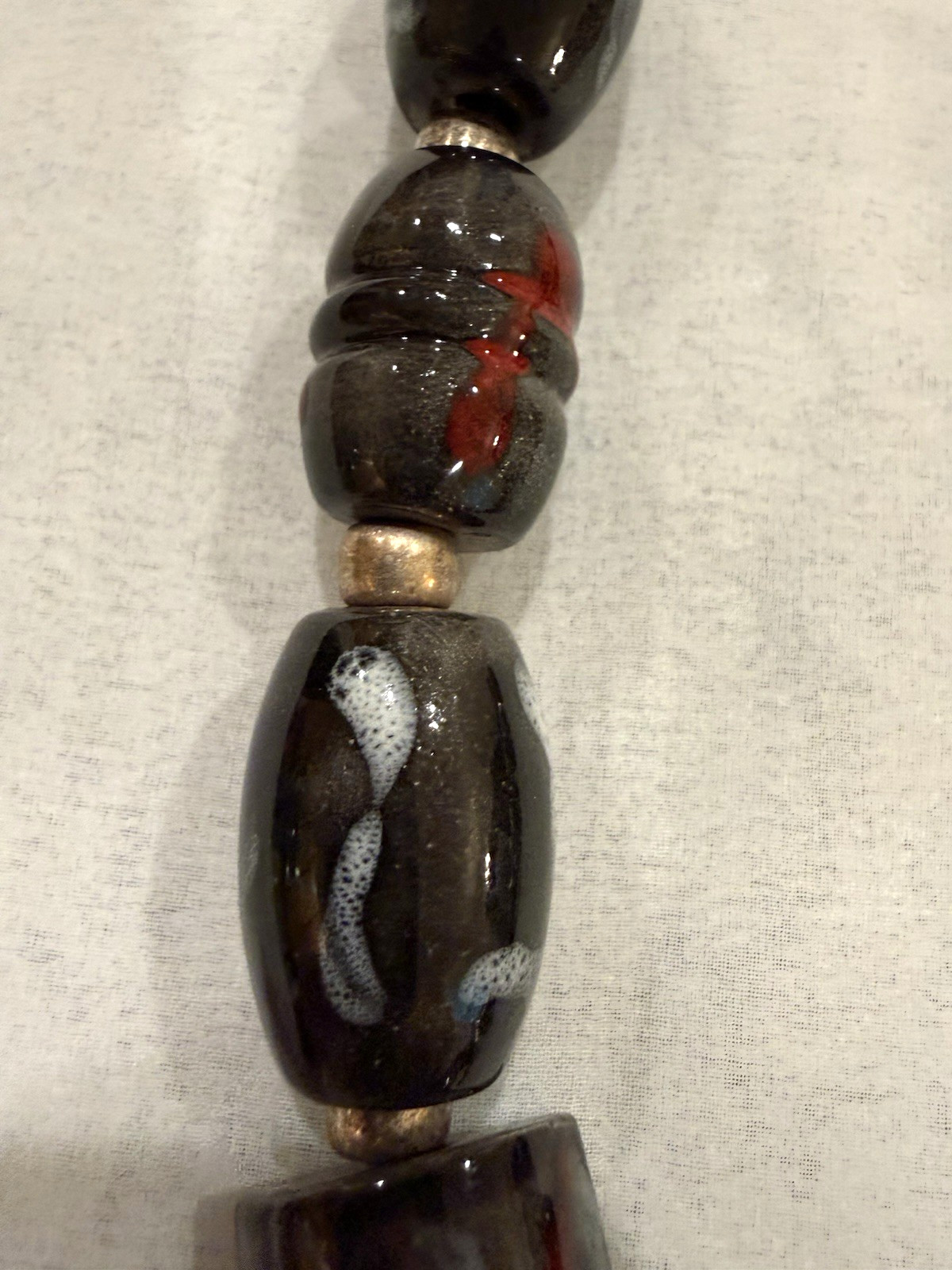 Vintage Artisan Ceramic Pottery Bead Necklace with Wood and Natural Stone Chips