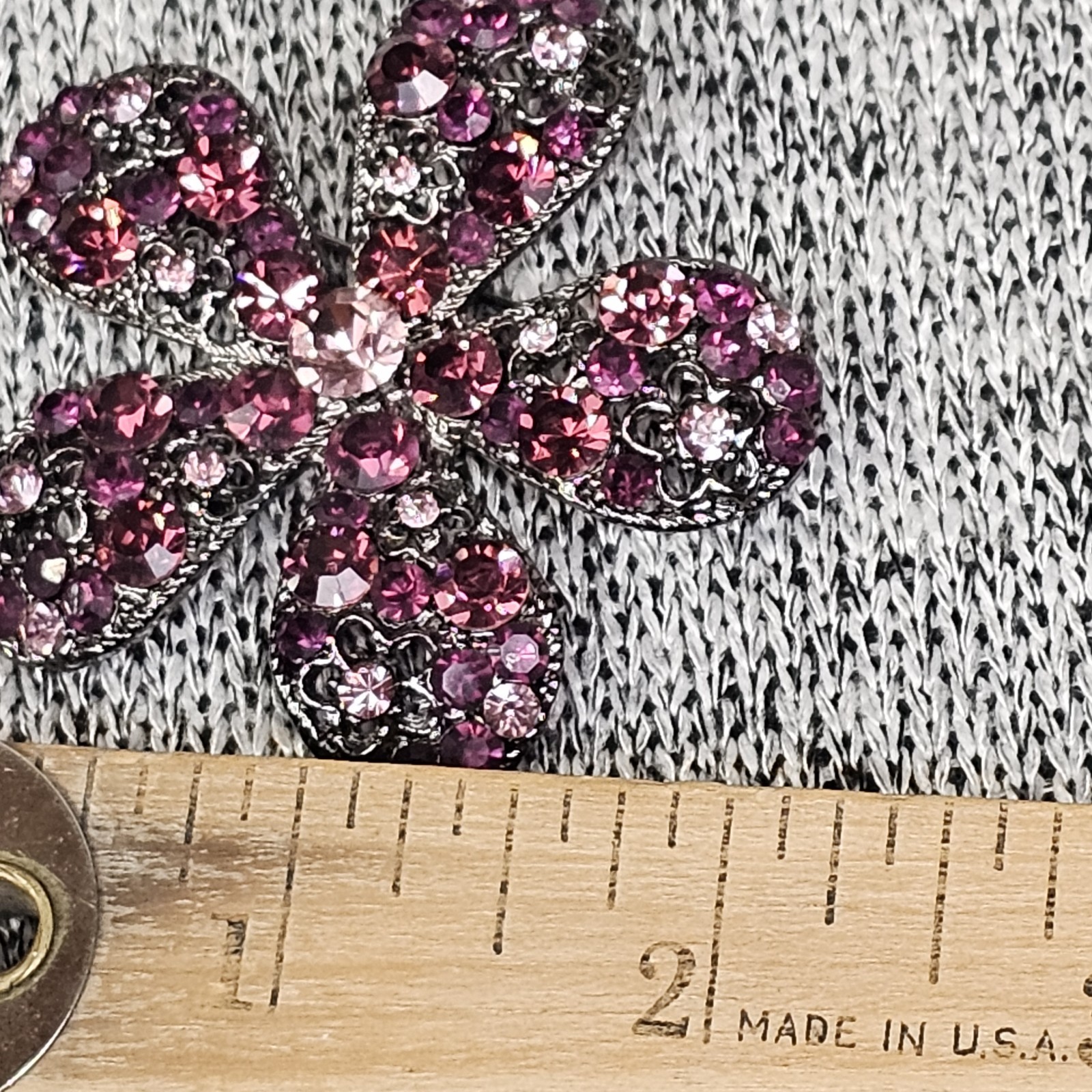 Vintage Purple Flower Rhinestone Gunmetal Pink Crystals Brooch Estate