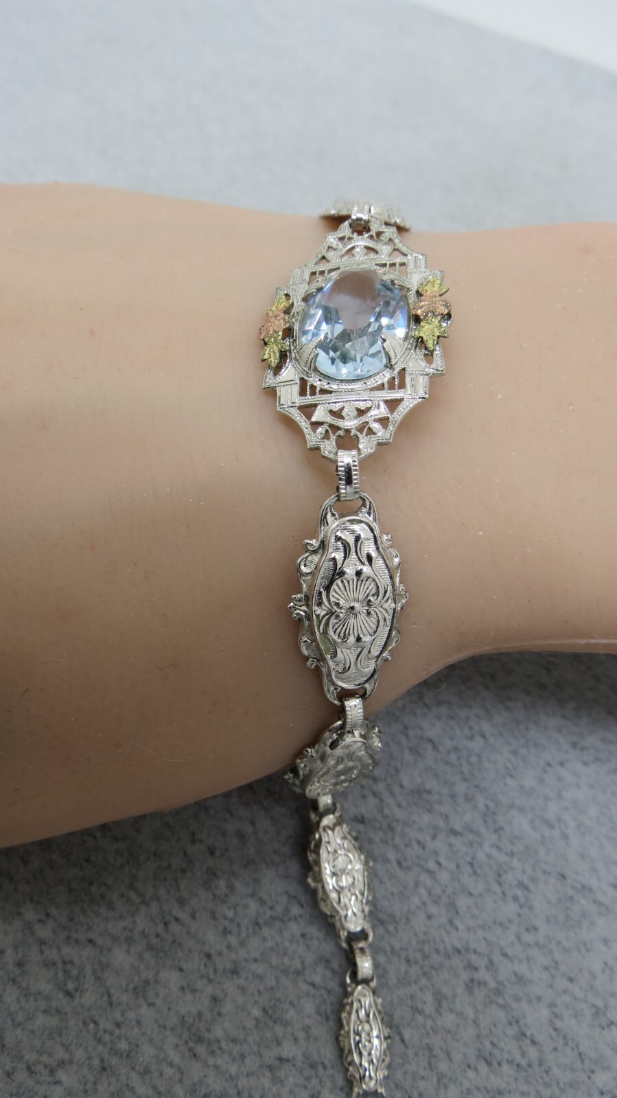 Antique Necklace Bracelet Silver Filigree Purple Stones Rose Gold Accent Flower