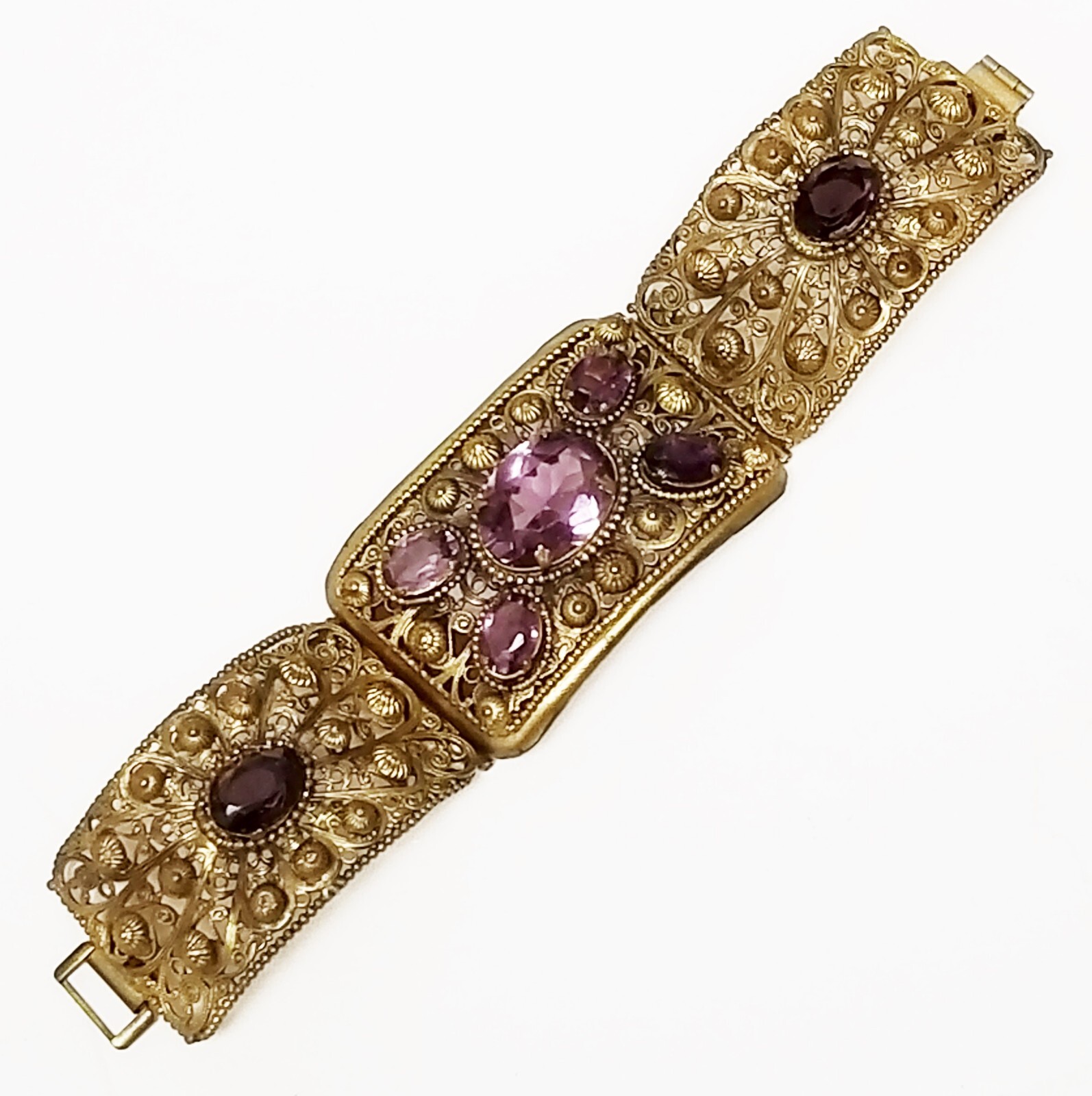 Georgian Style Czech Open Back Amethyst Cannetille Wire Work Panel Bracelet