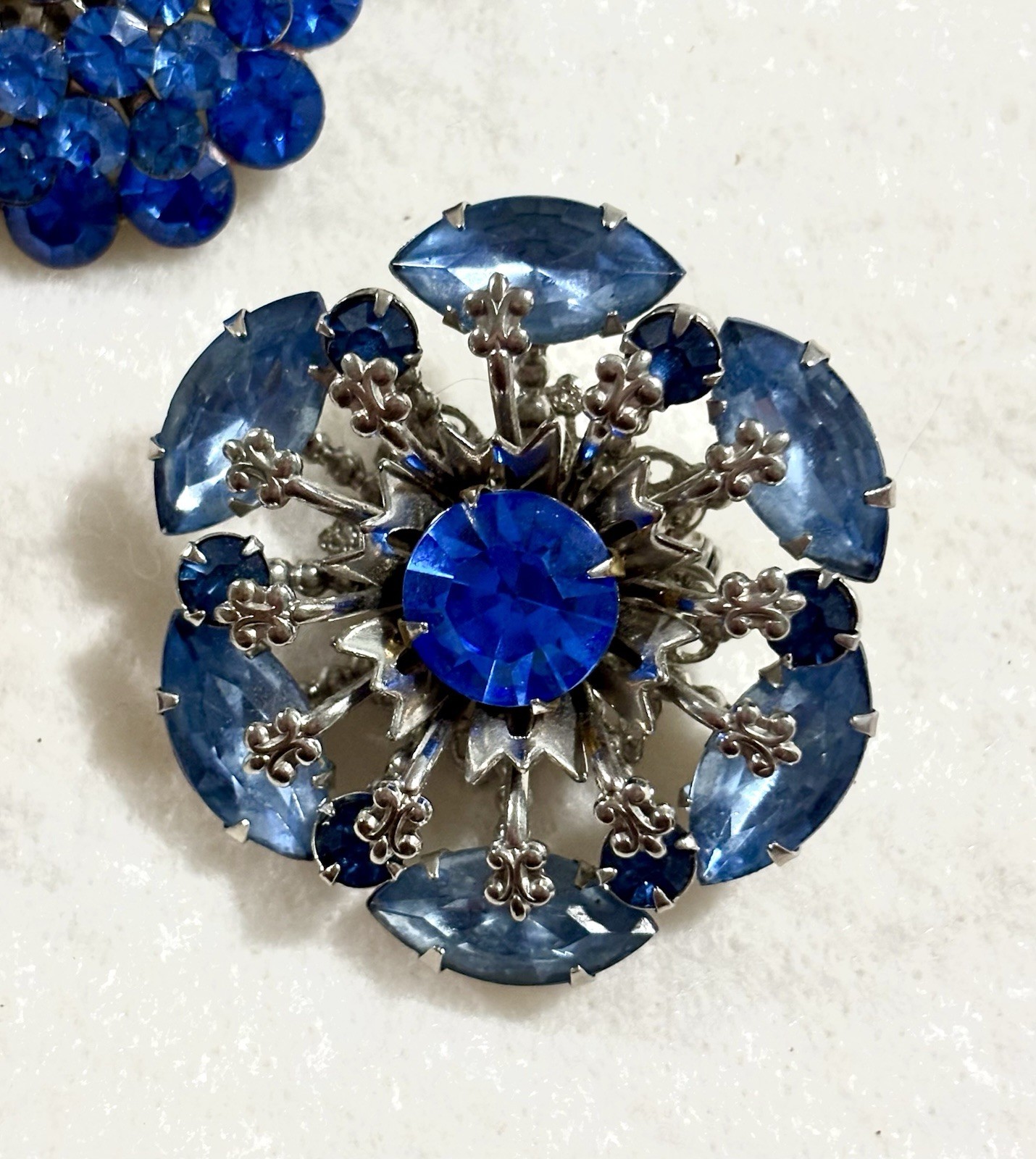 Vintage Blue Rhinestone Brooch Lot Atomic Starburst Navette Mid Century Glam