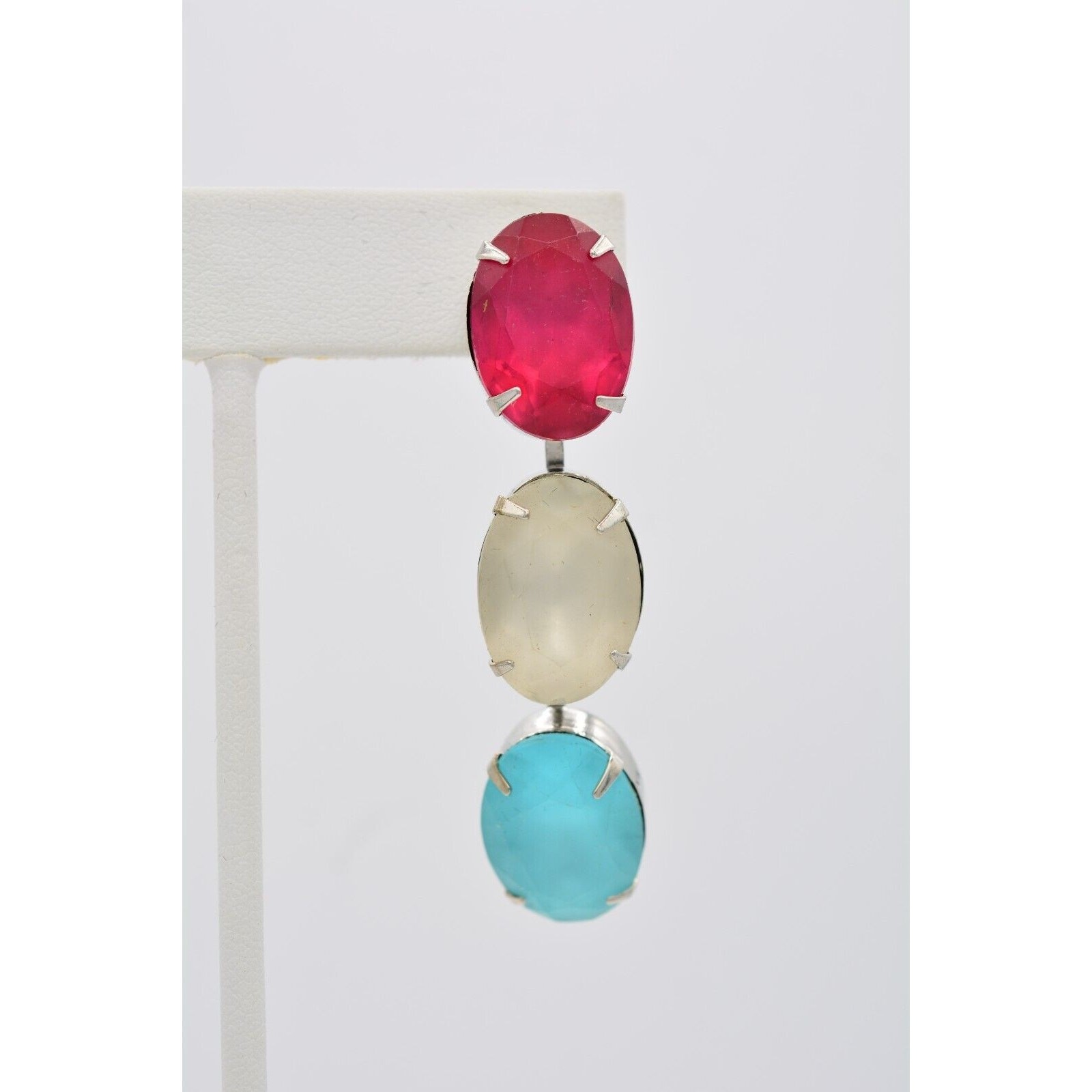 Vintage Frosted Crystal Drop Earrings Dangle Hot Pink White Blue Chunky 80s A19