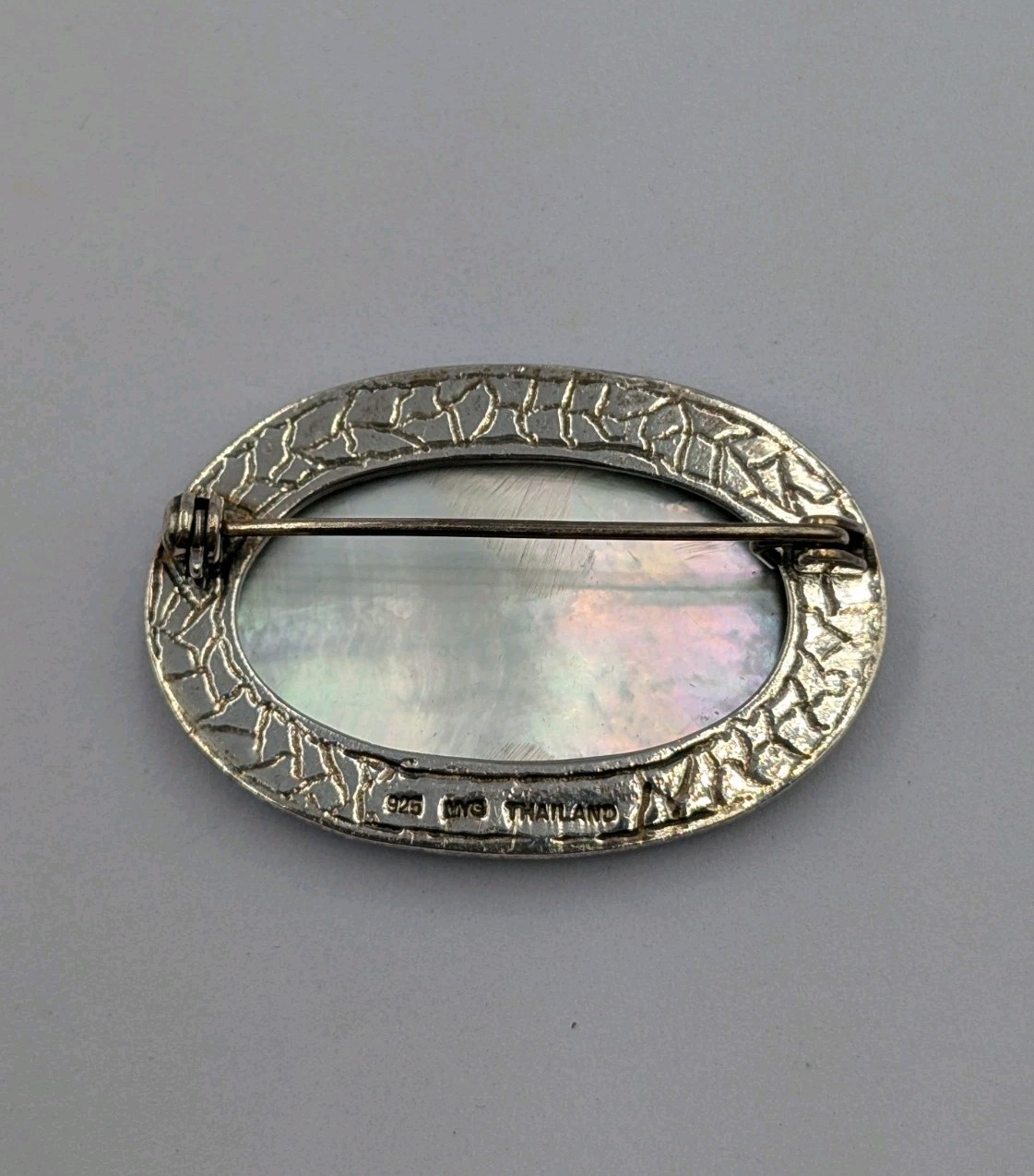 MYG Vintage Sterling Silver Oval Abalone Shell & Marcasite Stone 925 Pin Brooch