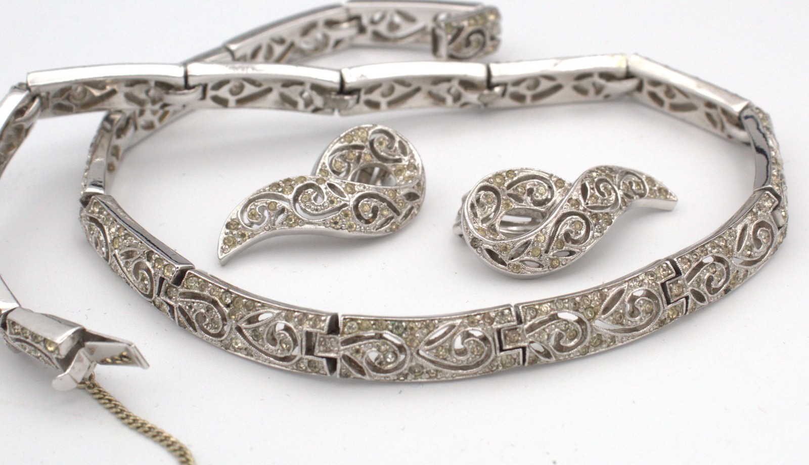 Panetta 1940s Cutout Scroll Rhinestone Necklace Clip Earring Set; Book Reference