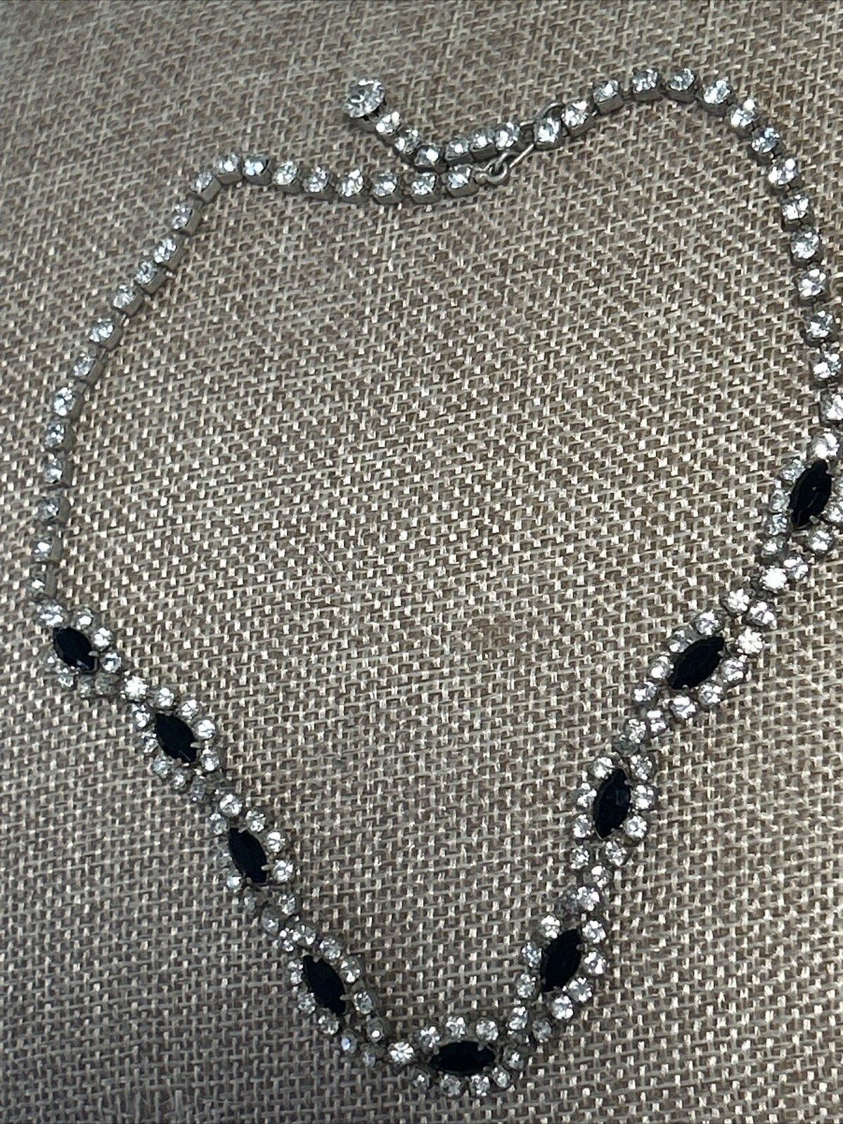 Vintage Silver-Tone Choker with Black Marquise & Clear Round Rhinestones