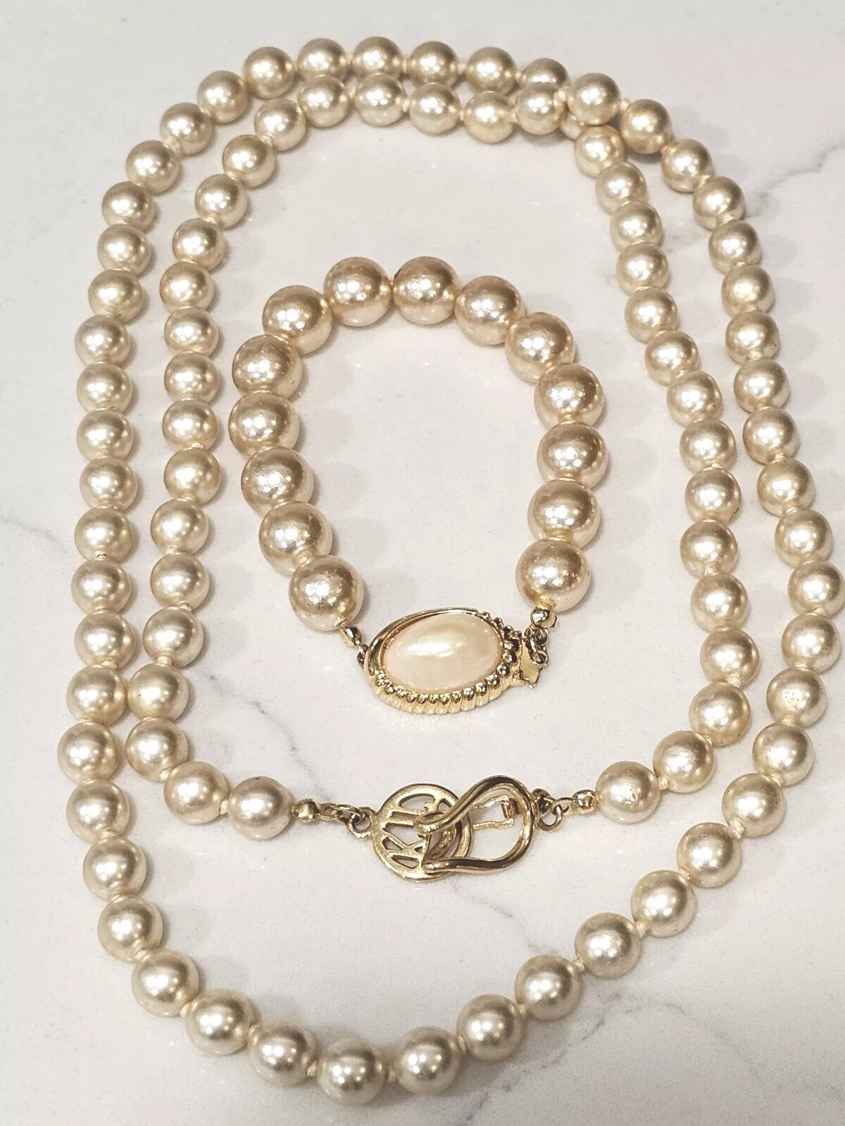 Kenneth J Lane Vintage Signed Faux Pearl Gold Filled Necklace with Bracelet Set