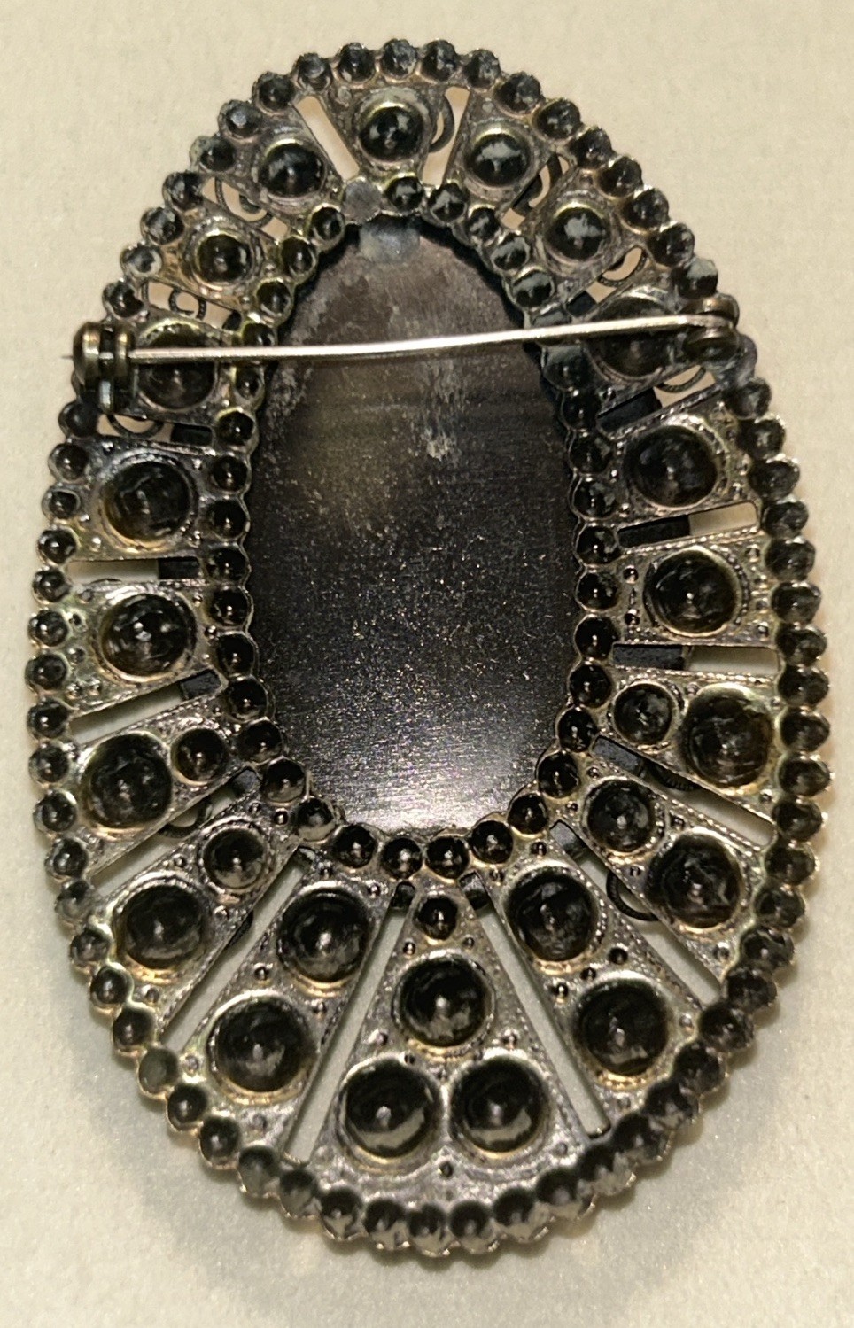 Vintage Cameo Brooch Black & White Lady Filigree Frame 2.75” Statement 1960 Gold