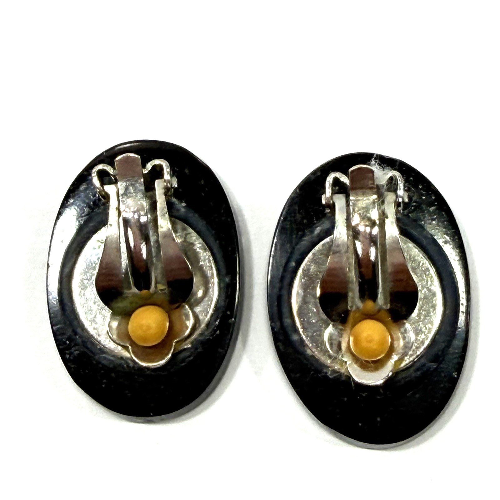 Vintage Paua Shell Brooch Earring Set Abalone Inlay Black Resin Art Deco Gatsby
