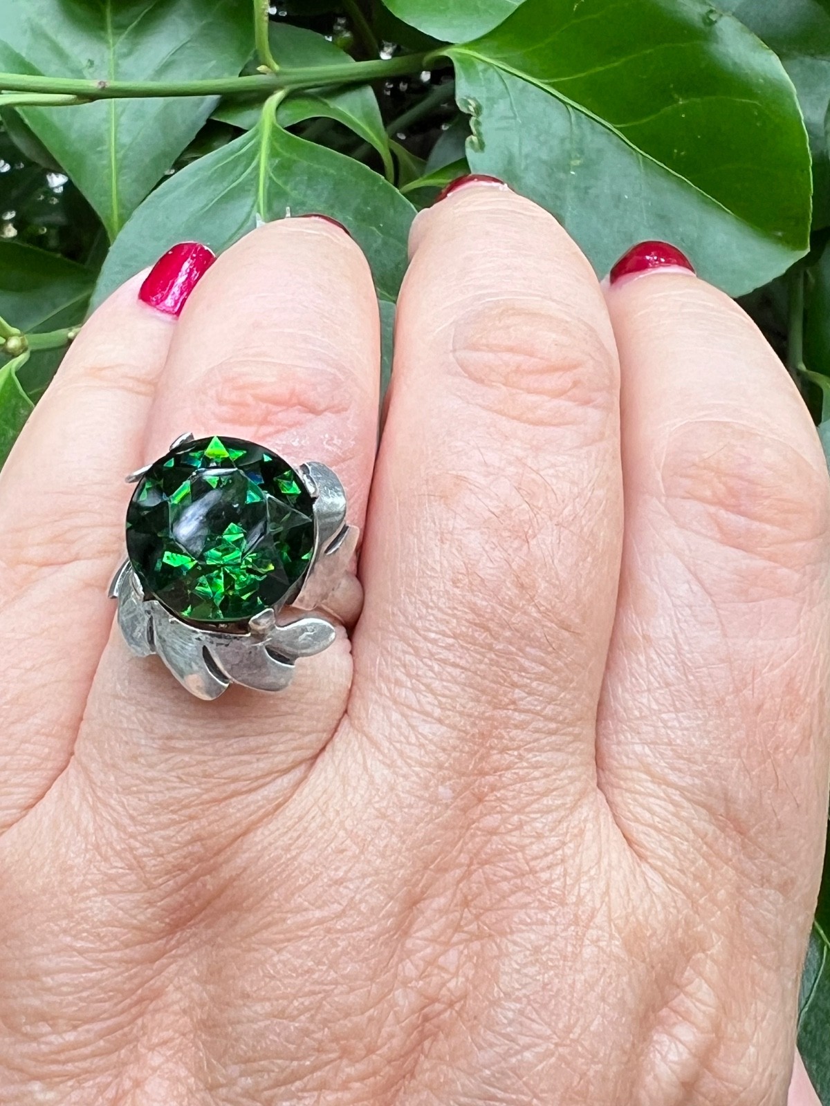 VINTAGE LARGE ROUND GREEN PASTE GLASS RHINESTONE RING 925 STERLING SLVER MEXICO