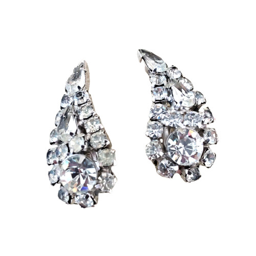 La Roco LaRoco Clear Rhinestone Clip Icy Earrings Paisley Teardrop Signed VTG