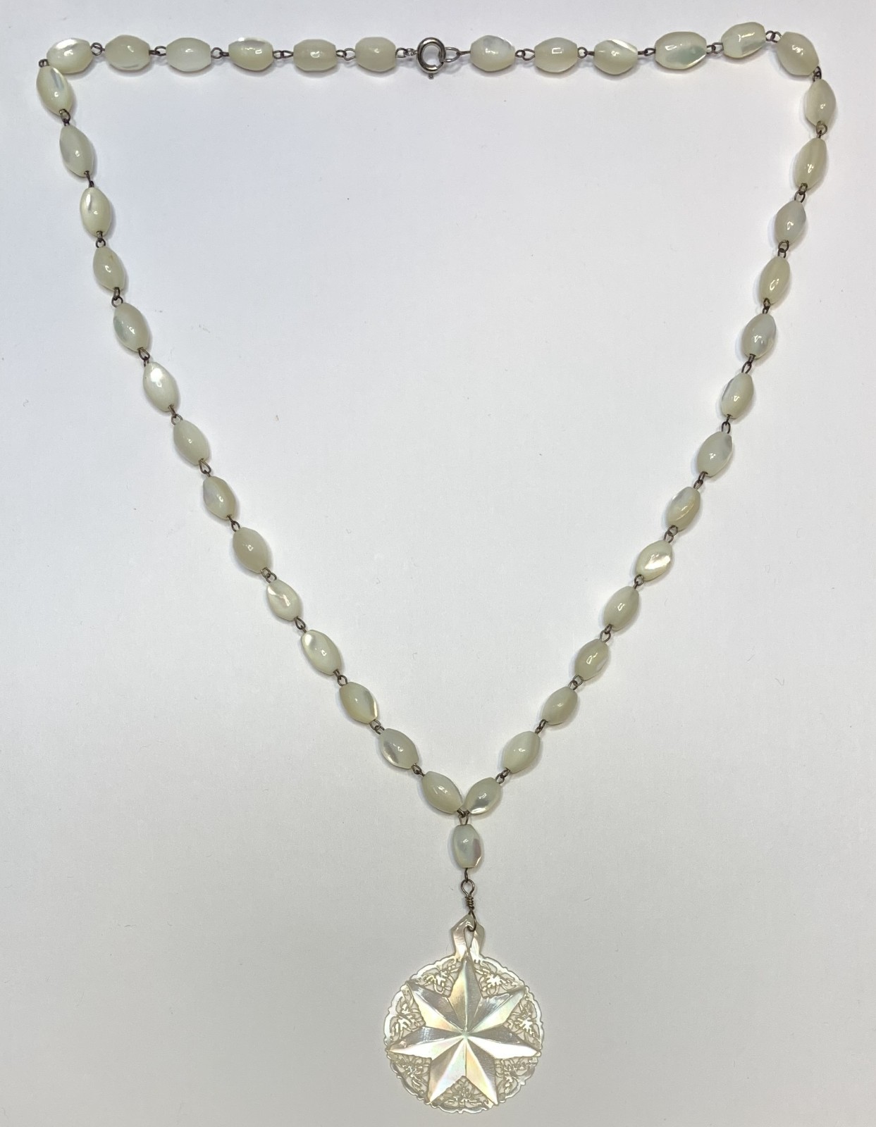 Vintage Mother of Pearl Bead Necklace with Star of Bethlehem MOP Pendant 23”