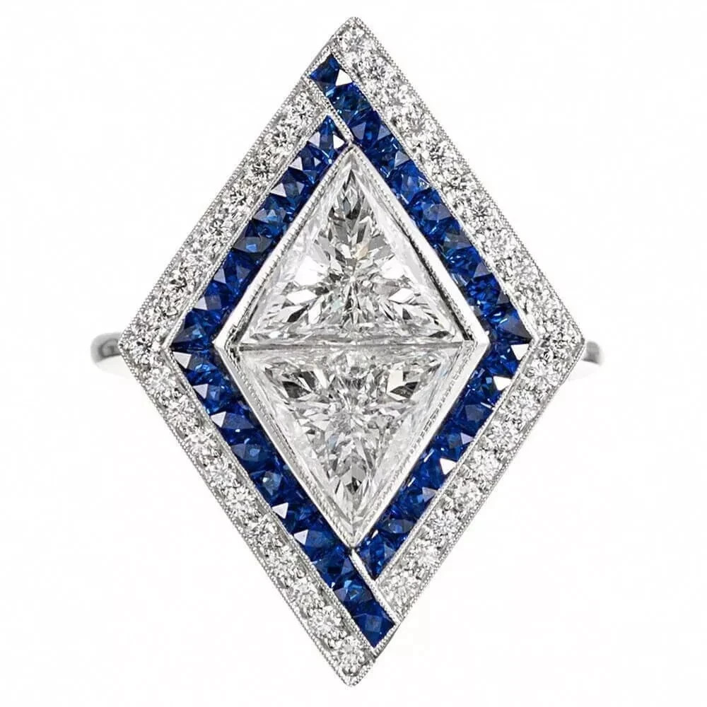 Art Deco 2.3Ct Lab Created Diamond & Sapphire 14K White Gold FN Engagement Ring