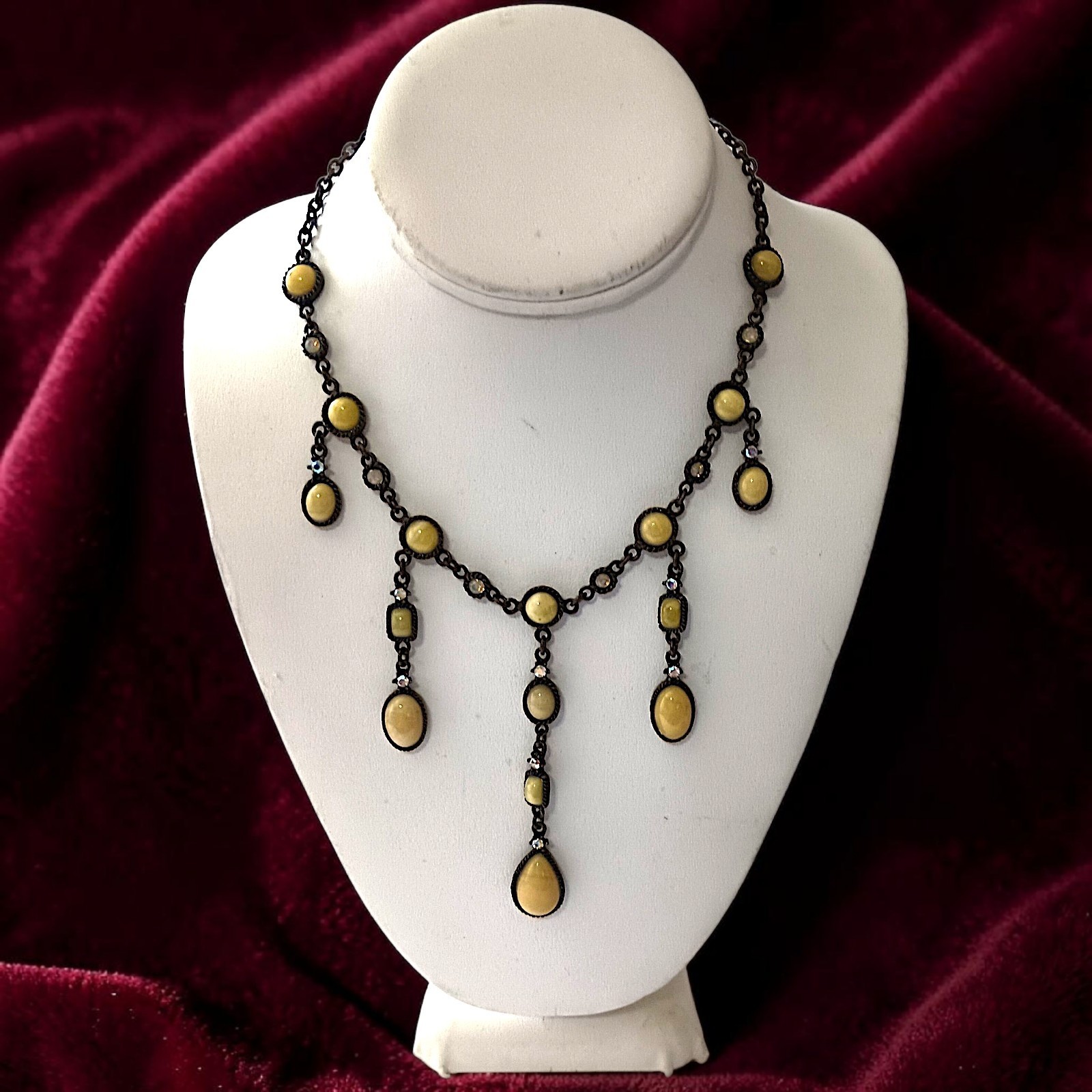 Vtg 90s Chandelier Bib Necklace Statement Egg Yolk Cabochon Art Nouveau Collar