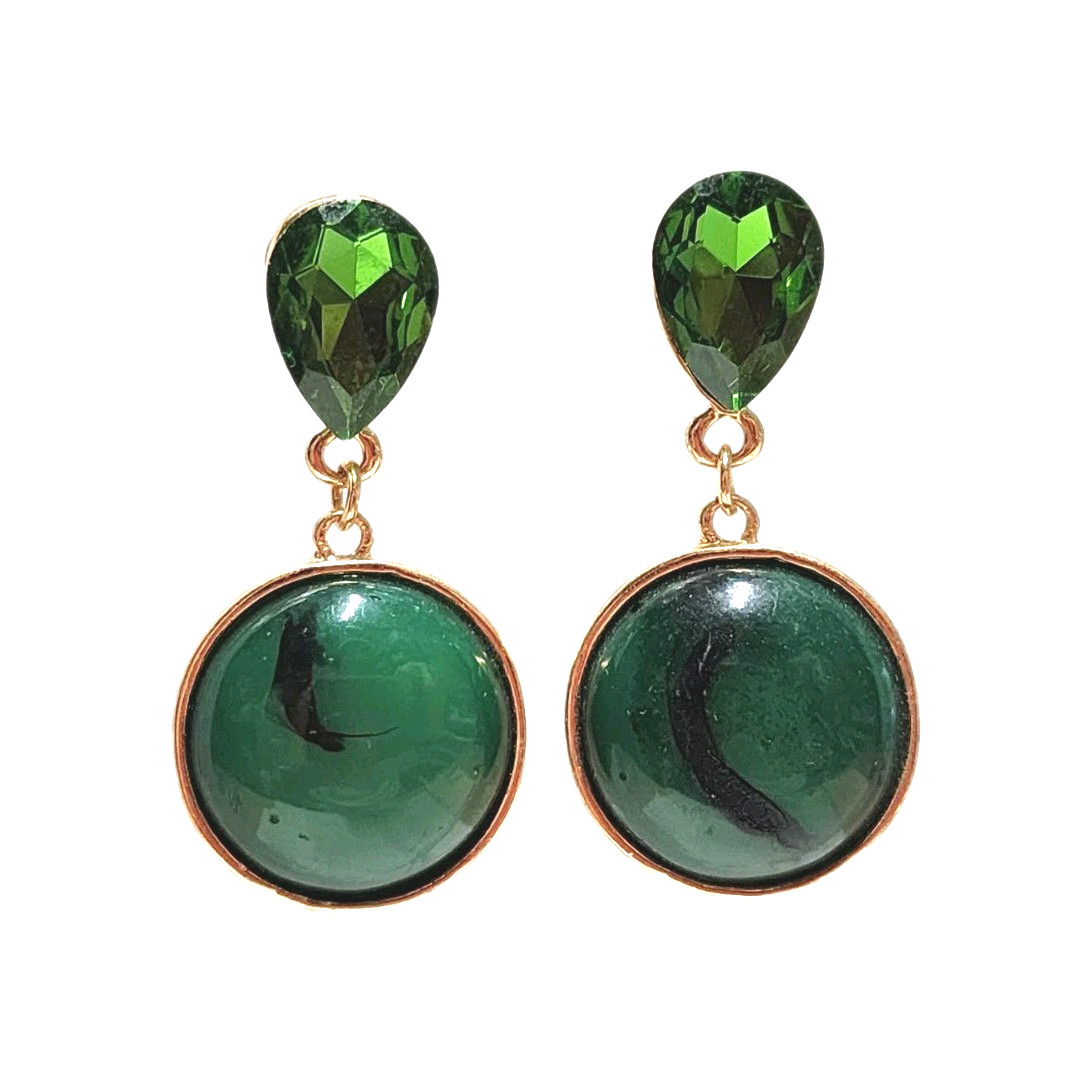 Vintage Green Faux Stone Rhinestone Gold Tone Dangle Earrings Teardrop Round GUC
