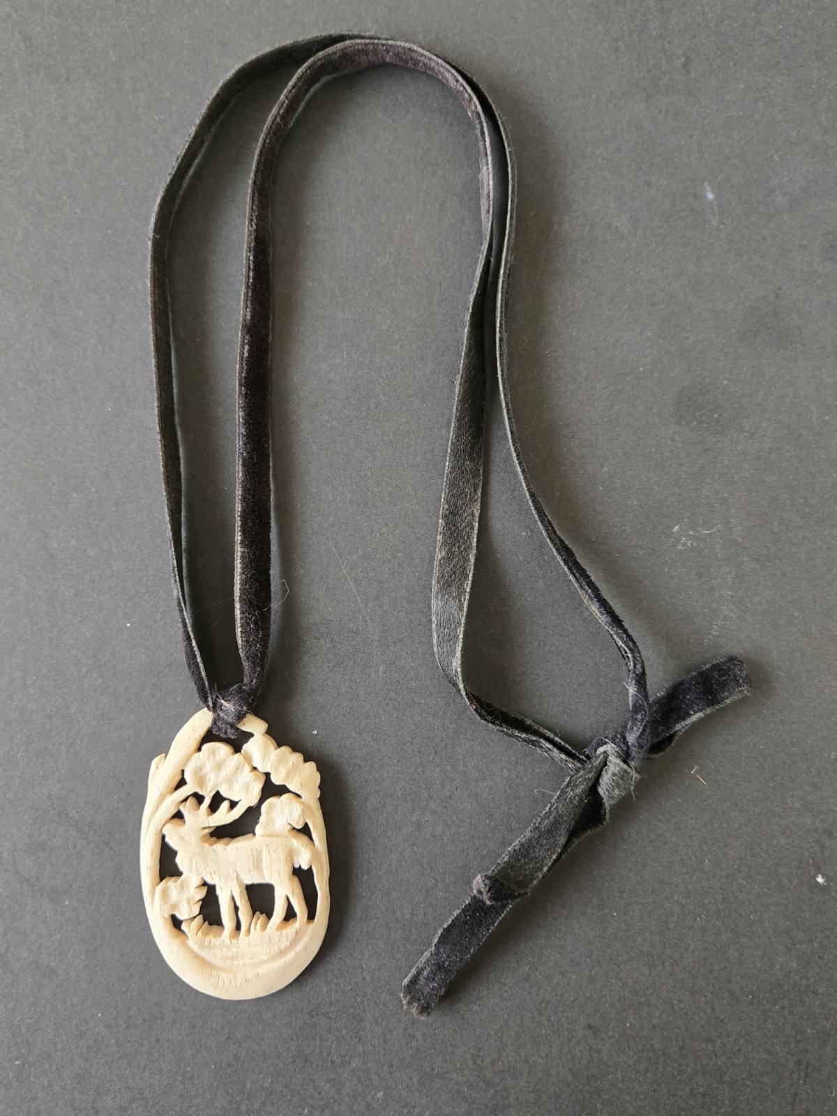 Antique Vintage Carved Antler Stag Elk Pendant w/ Leather 2 X 1 1/4 in.