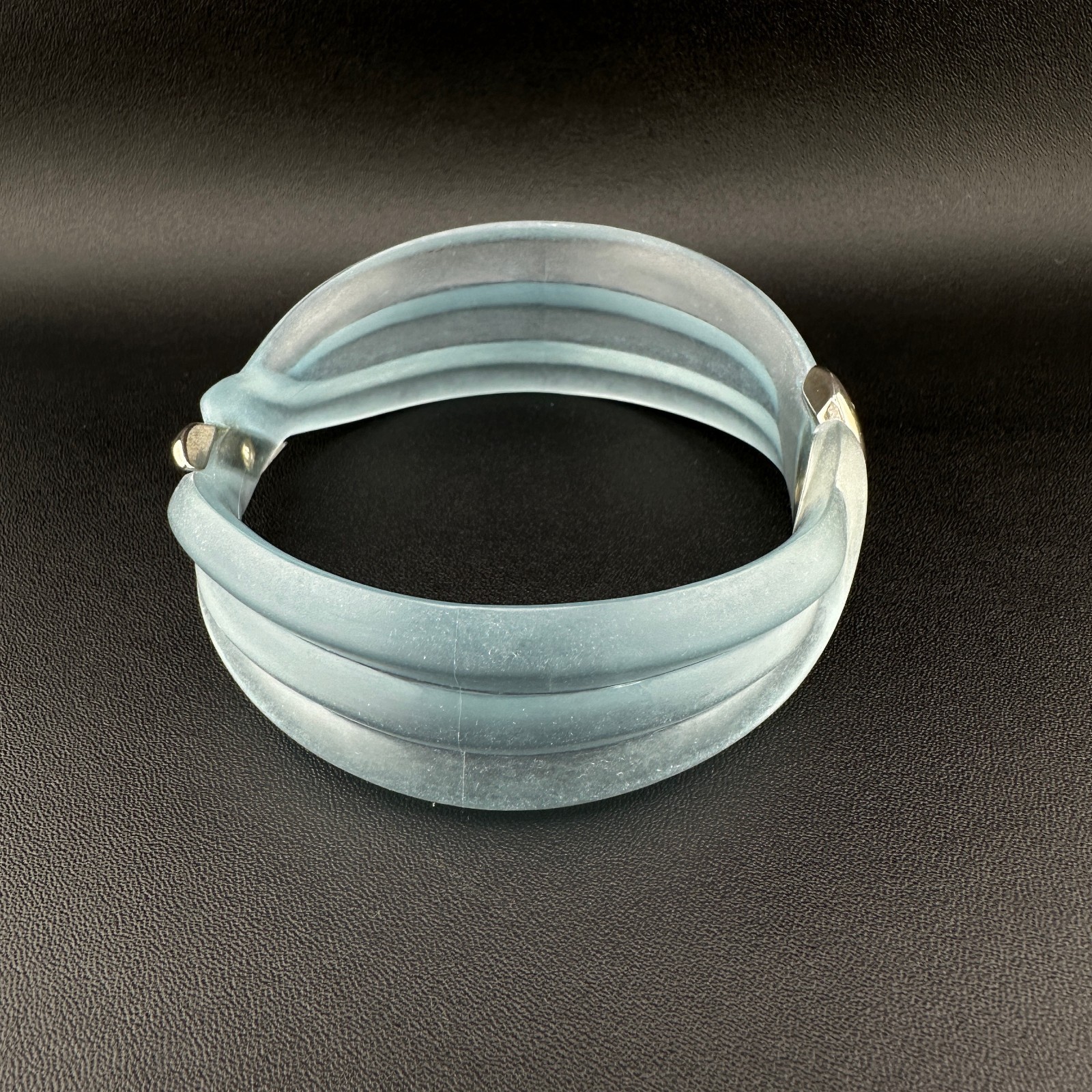 Vintage Lucite Bangle Bracelet Frosted Baby Blue Ribbed Dimensional Wave Signed