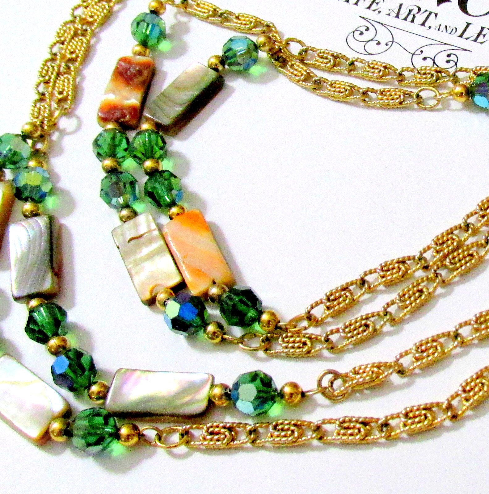 VTG RUNWAY NAPIER 60″ CHAIN ABALONE MOP GREEN CRYSTAL BEAD NECKLACE BOOK PIECE