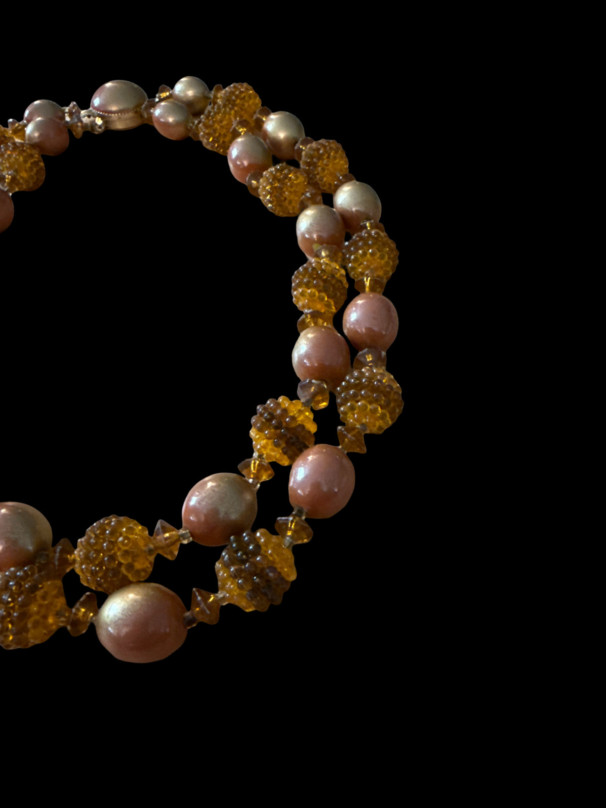 Vintage Made In Hong Kong Amber Gold Crystal Beaded Multi Strand Necklace Mod